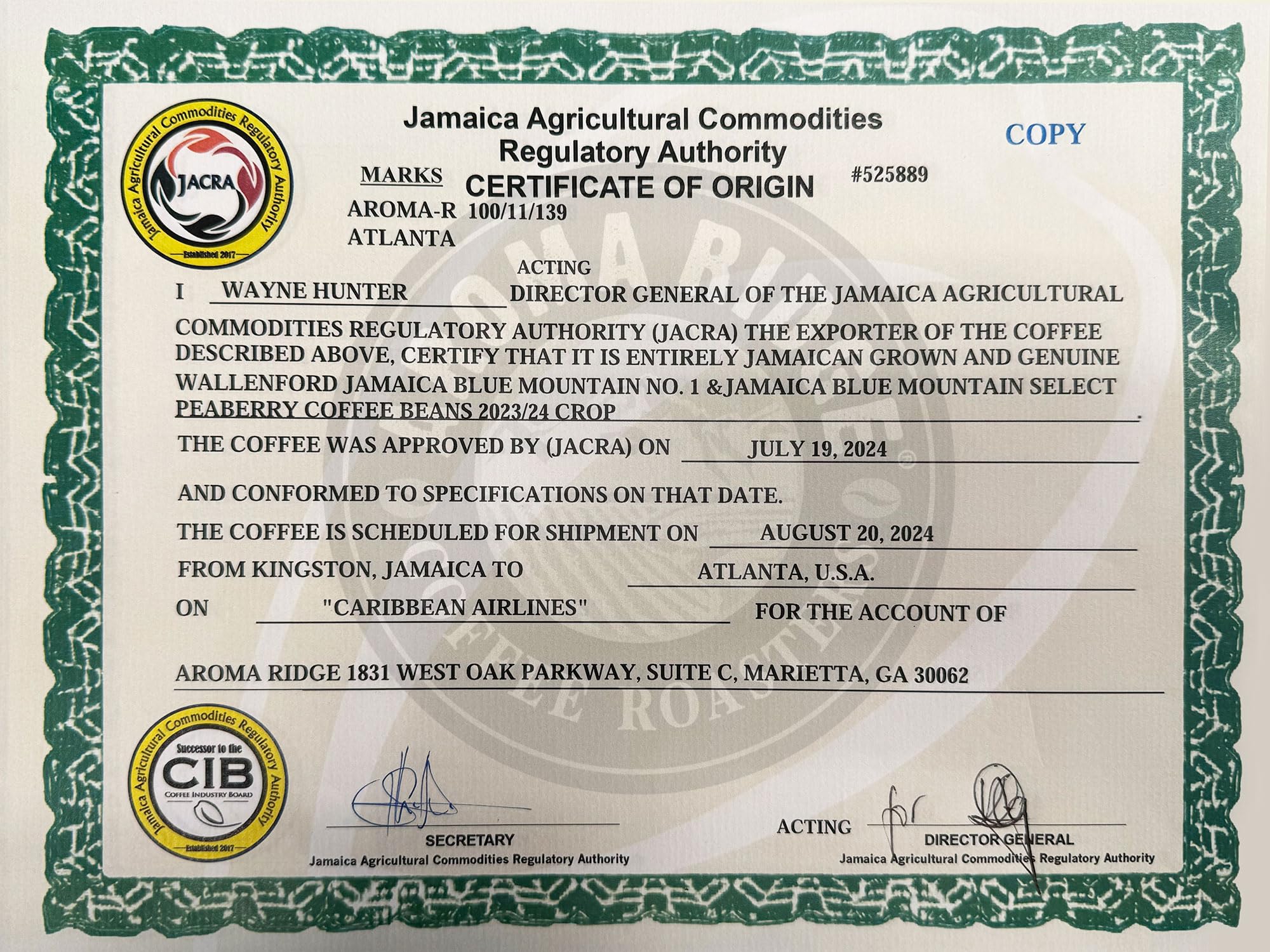 Premium Jamaica Blue Mountain Coffee - 100% Authentic Whole Bean, Medium Roast, Grade 1 Certified | Smooth Milk Chocolate Notes | Perfect for Home Brewing, Office Use & Gourmet Gifting | Aroma Ridge 1 LB Pack