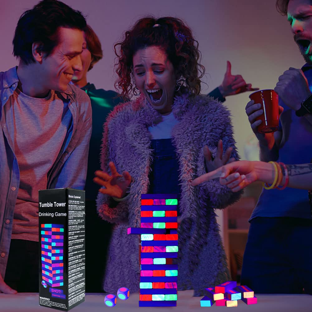Glow in the Dark Drinking Jenga Game for Adults - 54 Black Light Reactive Blocks with Fun Drinking Challenges | Perfect for Night Parties, Bachelorette & Bachelor Events, College Gatherings & Bar Games