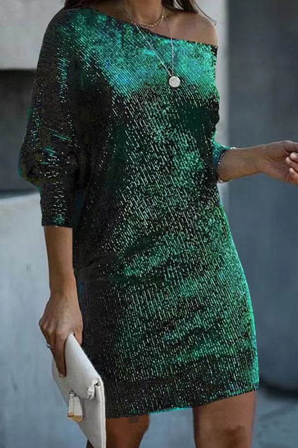 Elegant Solid Sequined Off-Shoulder Loose Mini Dress for Women - Perfect for Parties, Date Nights & Special Occasions