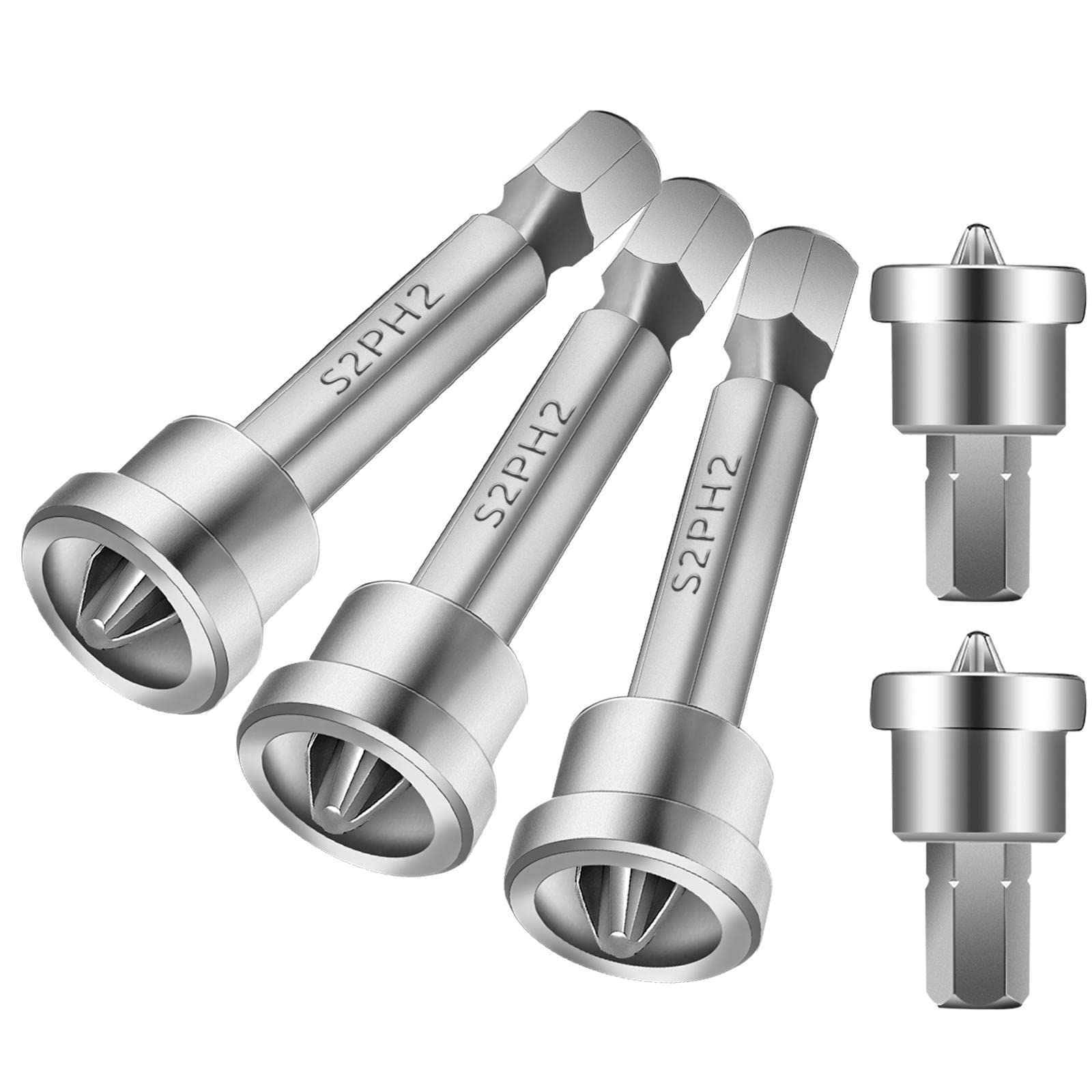 5-Piece Magnetic Positioning Screwdriver Bit Set - PH2 Drywall Screw Setter with Anti-Slip Hex Shank - Perfect for Drywall Installation, Furniture Assembly & DIY Home Projects (50mm & 25mm)