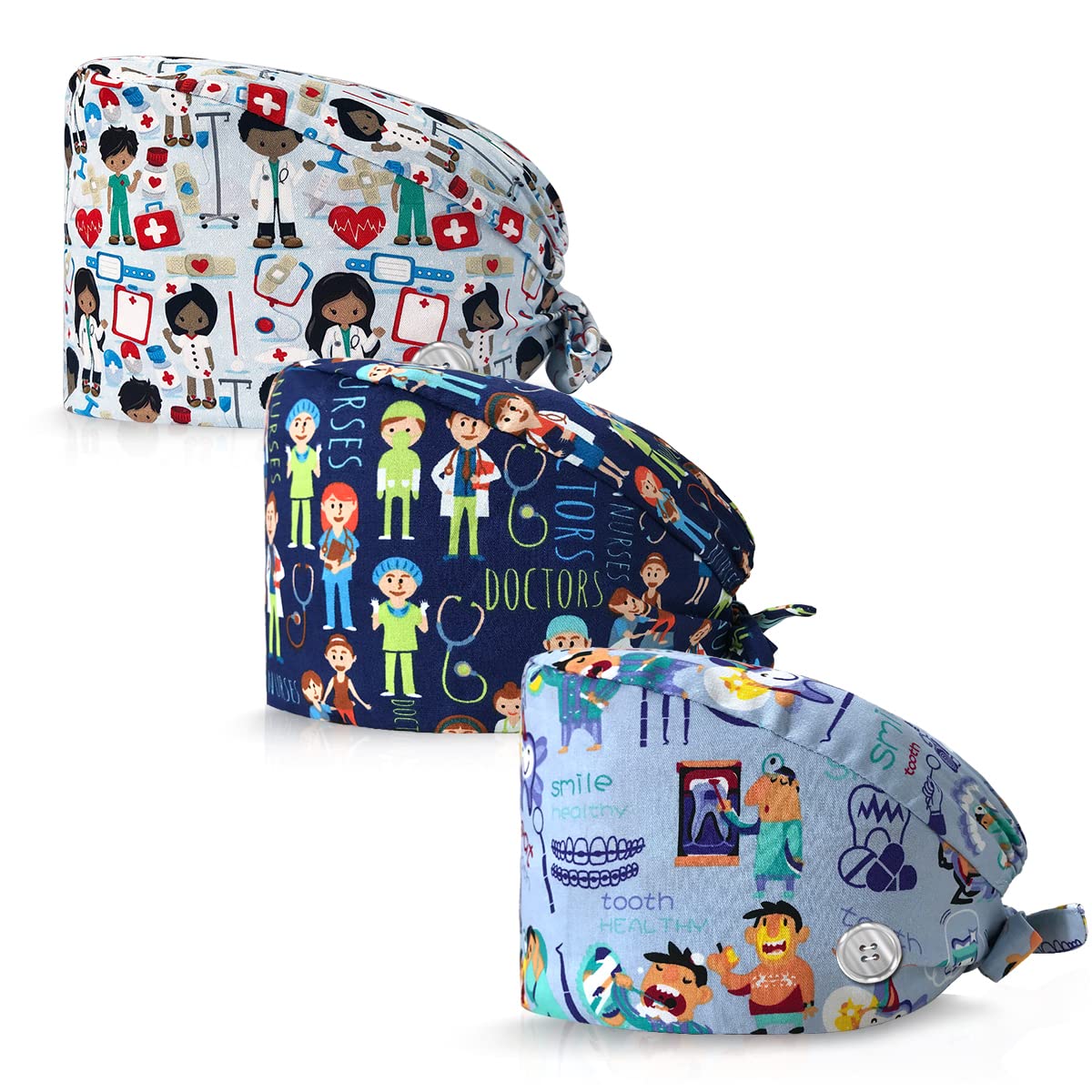 3PCS Breathable Dental Scrub Caps with Button & Sweatband - Elastic Surgical Hats for Women & Men - Comfortable Medical Headwear for Dentists, Nurses & Healthcare Workers