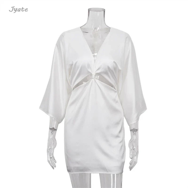 Flare Sleeve Satin Summer Dress for Women - Deep V Neck Hollow Out Party Club Dress, Slim Beach Dress for Night Out, Vacation, and Special Occasions