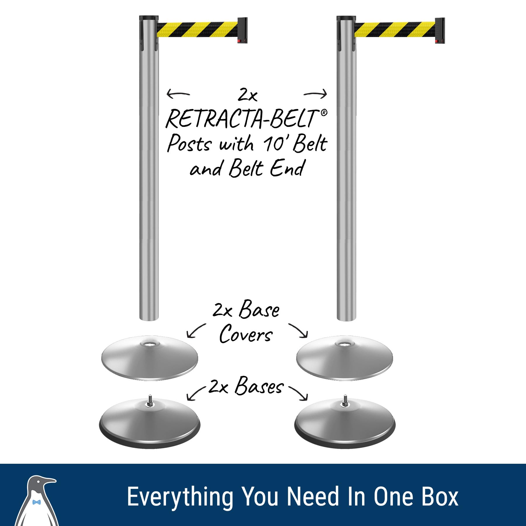 Retractable Belt Barrier Stanchion (2-Pack) - 10ft Crowd Control Belt with Steel Post - No Tools Required - Satin Silver Post & Black/Yellow Belt - Perfect for Event Queues, Retail Lines, and Crowd Management