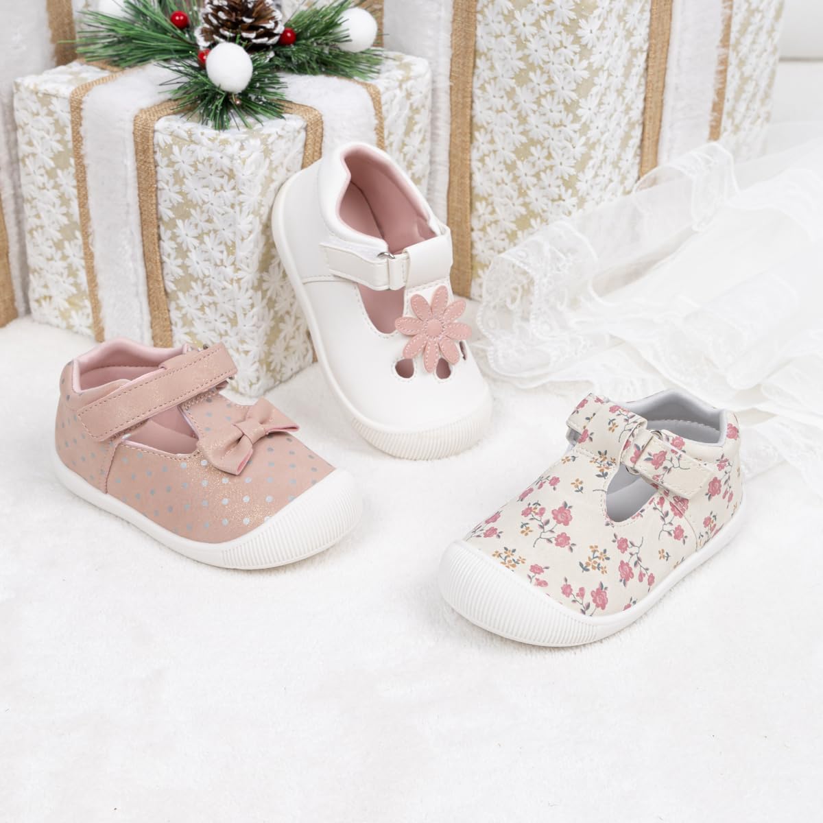 Meckior Baby Toddler Girls Walking Shoes - Non-Slip T-Strap Mary Jane First Walker Shoes for Summer & Wedding Dresses | Lightweight Anti-Collision Toe Design for Safe Play & Special Occasions