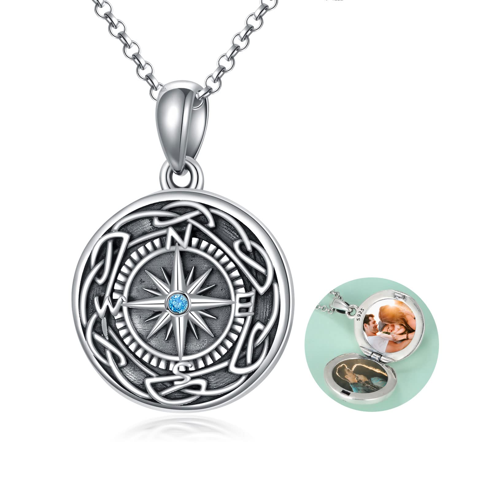 AOBOCO 925 Sterling Silver Compass Locket Necklace with Photo Insert - Engraveable Personalized Jewelry Gift for Women, Men, Girls | Birthday, Graduation, Anniversary, Travel Keepsake