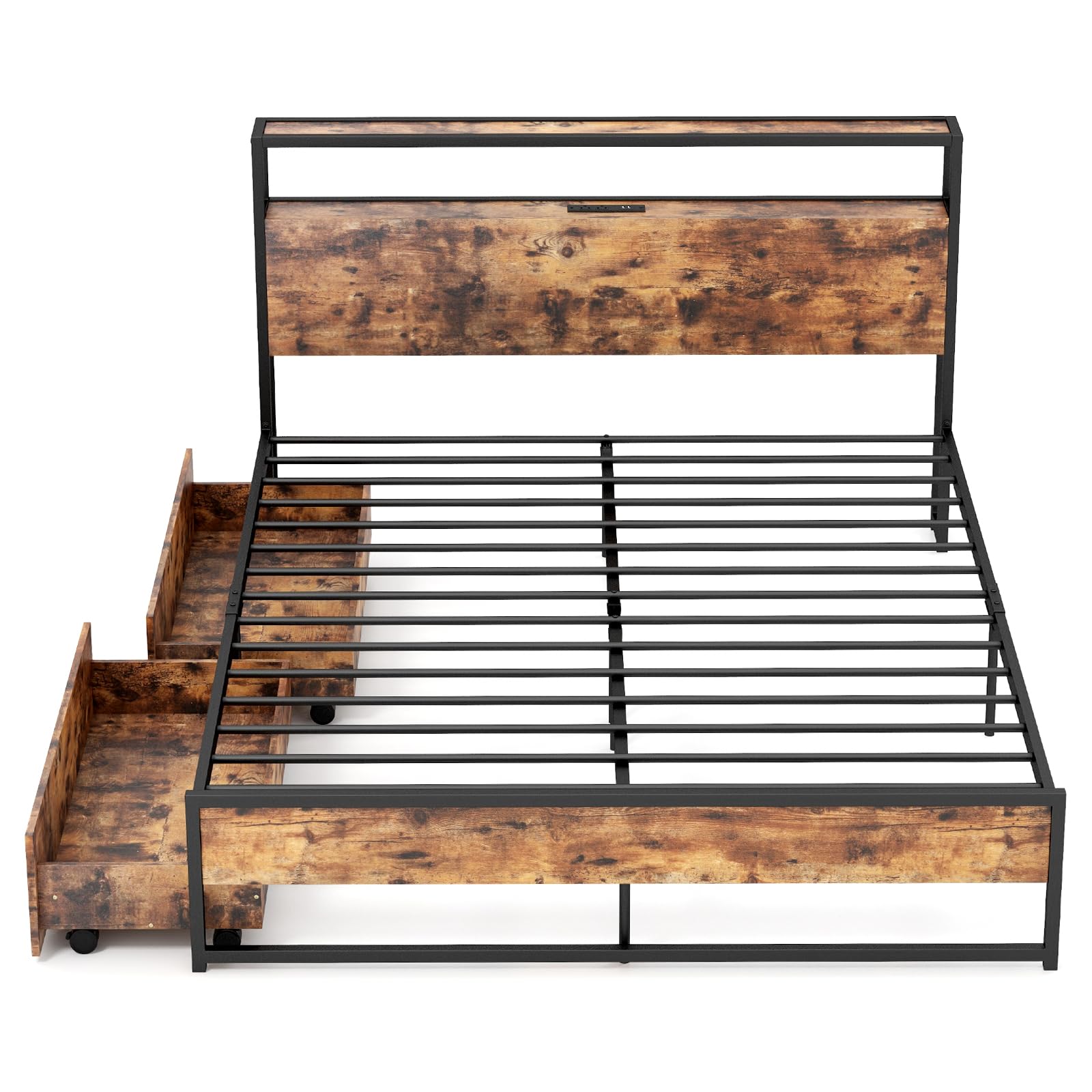 Giantex Queen Bed Frame with 2 Storage Drawers & USB Charging Station, Industrial Metal Platform Bed with 2-Tier Headboard Storage, Rustic Mattress Foundation with Reinforced Slats (No Box Spring Needed) - Perfect for Small Bedrooms, Studio Apartments & Modern Farmhouse Decor
