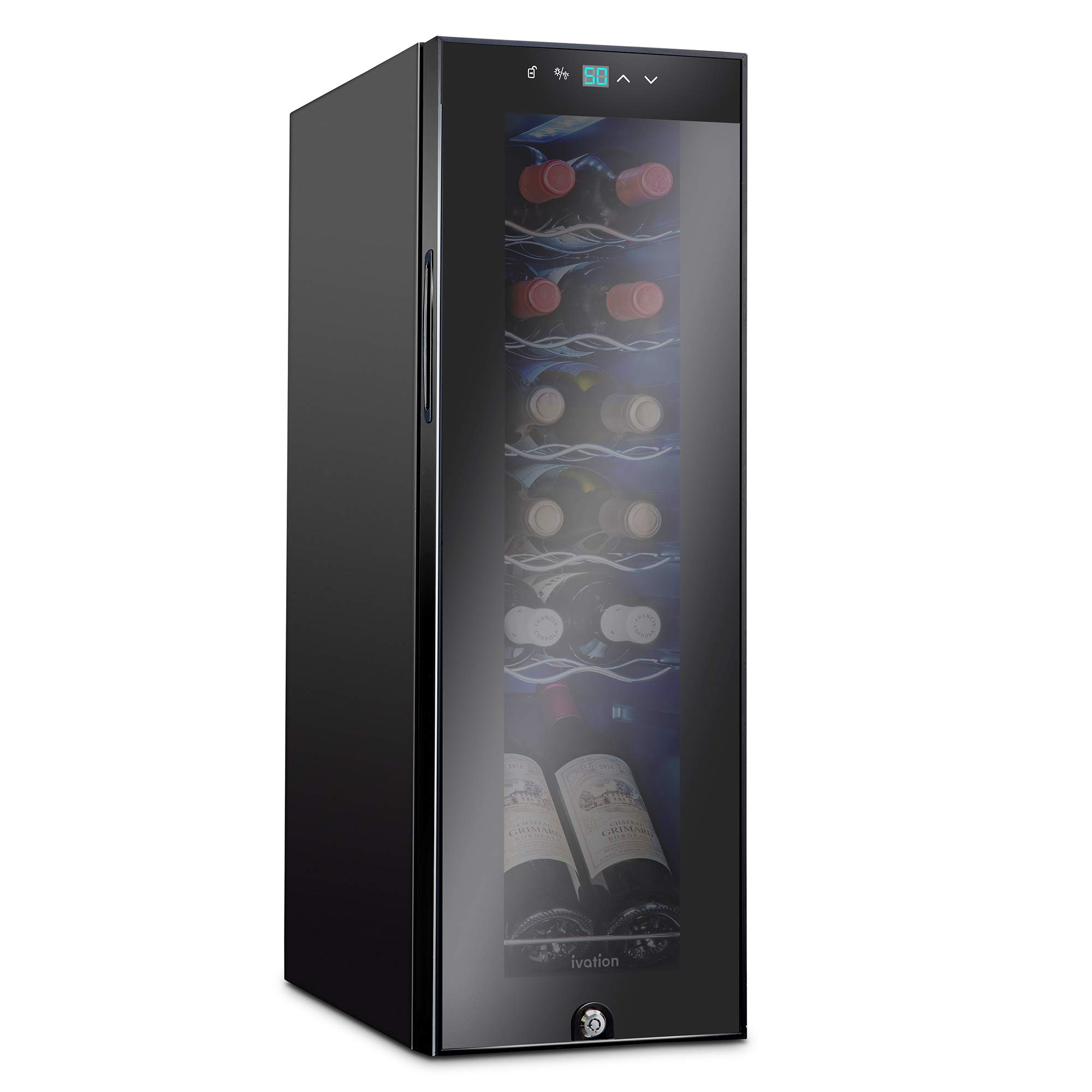 Ivation 12 Bottle Compressor Wine Cooler Refrigerator with Lock - Large Freestanding Wine Cellar Fridge with Digital Temperature Control (41°F-64°F) & Glass Door - Black - Perfect for Home Bars, Kitchen, and Wine Storage