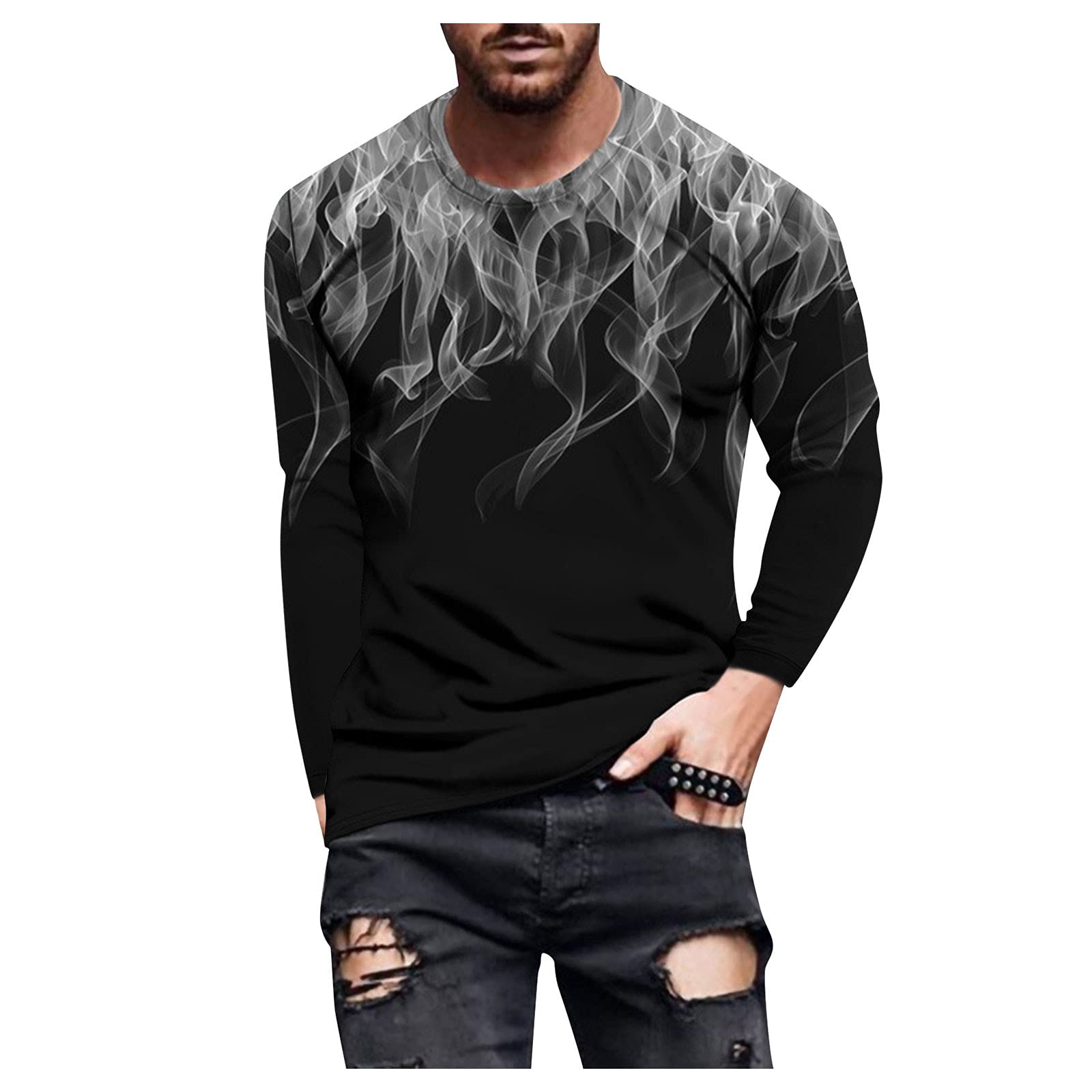 **DUEIG Men's Long Sleeve T-Shirt - 3D Digital Printed Retro Fire Design, Muscle Fit Workout Athletic Tee for Fall | Gym, Running, Casual Wear**