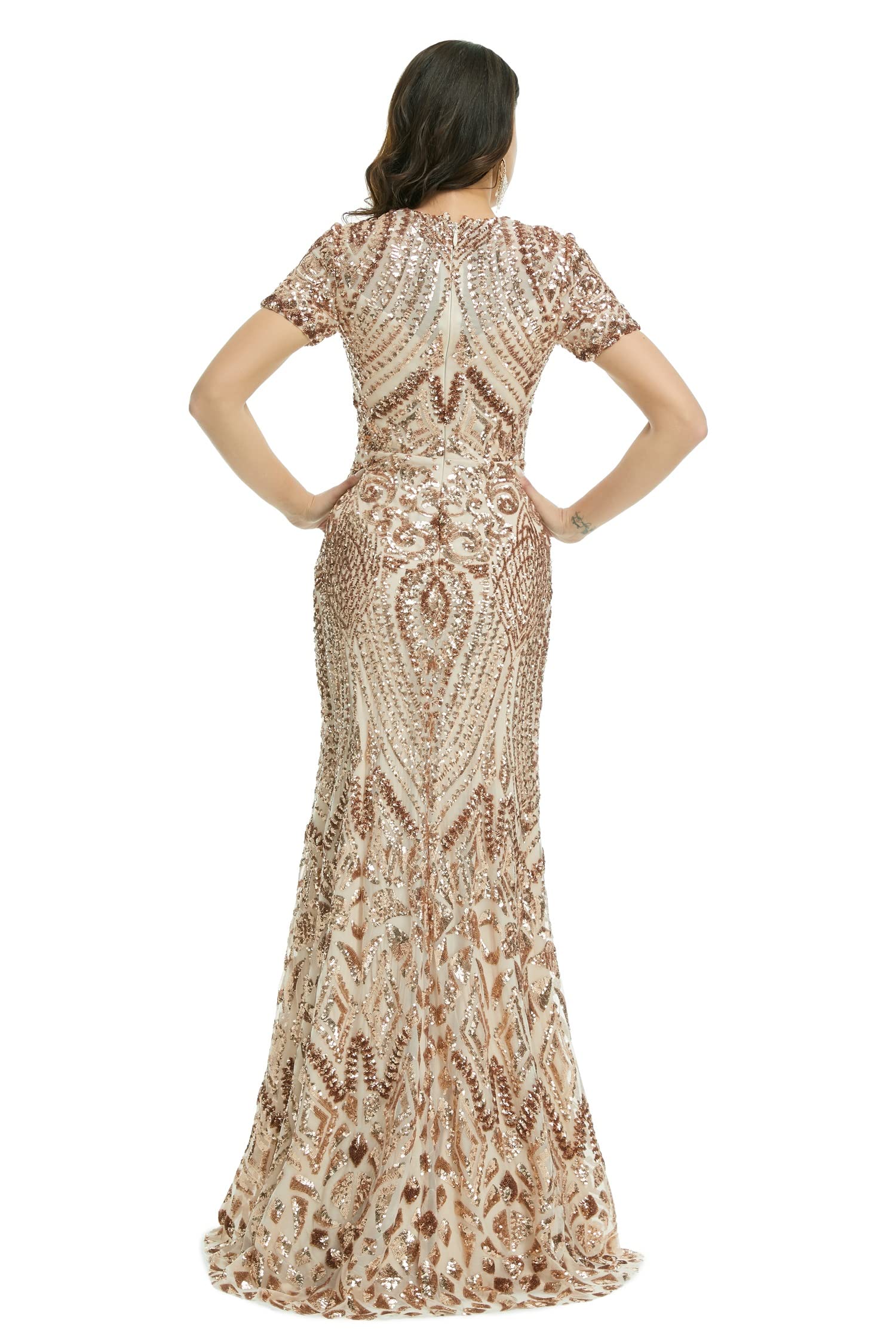 Elegant A-Line Sequined Short Sleeve Evening Dress for Bridesmaid, Prom & Formal Events - Perfect for Weddings, Parties & Special Occasions