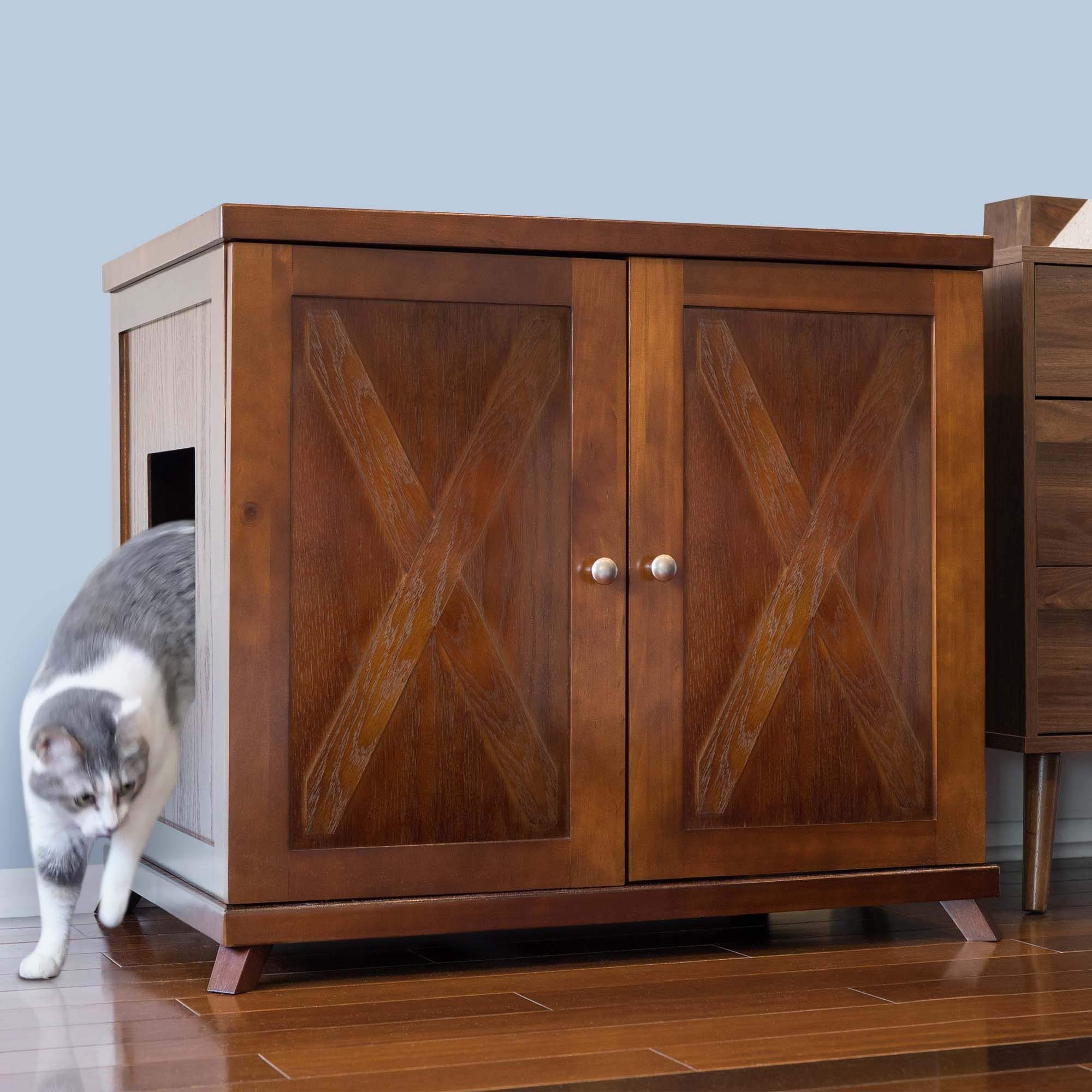 Premium Cat Litter Box Enclosure Cabinet - Farmhouse Style Mahogany Brown with Mid-Century Feet, XL Hidden Litter Box Furniture with Storage Drawer | Perfect for Home Decor & Discreet Cat Litter Management