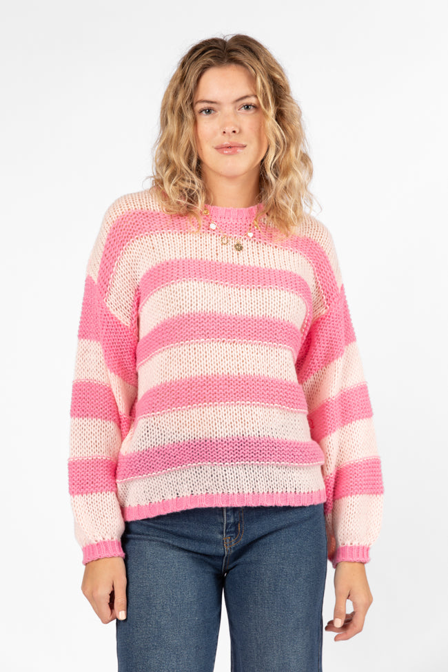 Pink Textured Stripe Sweater for Women - Cozy Knit Pullover - Perfect for Fall & Winter Outfits, Office Wear & Casual Dates