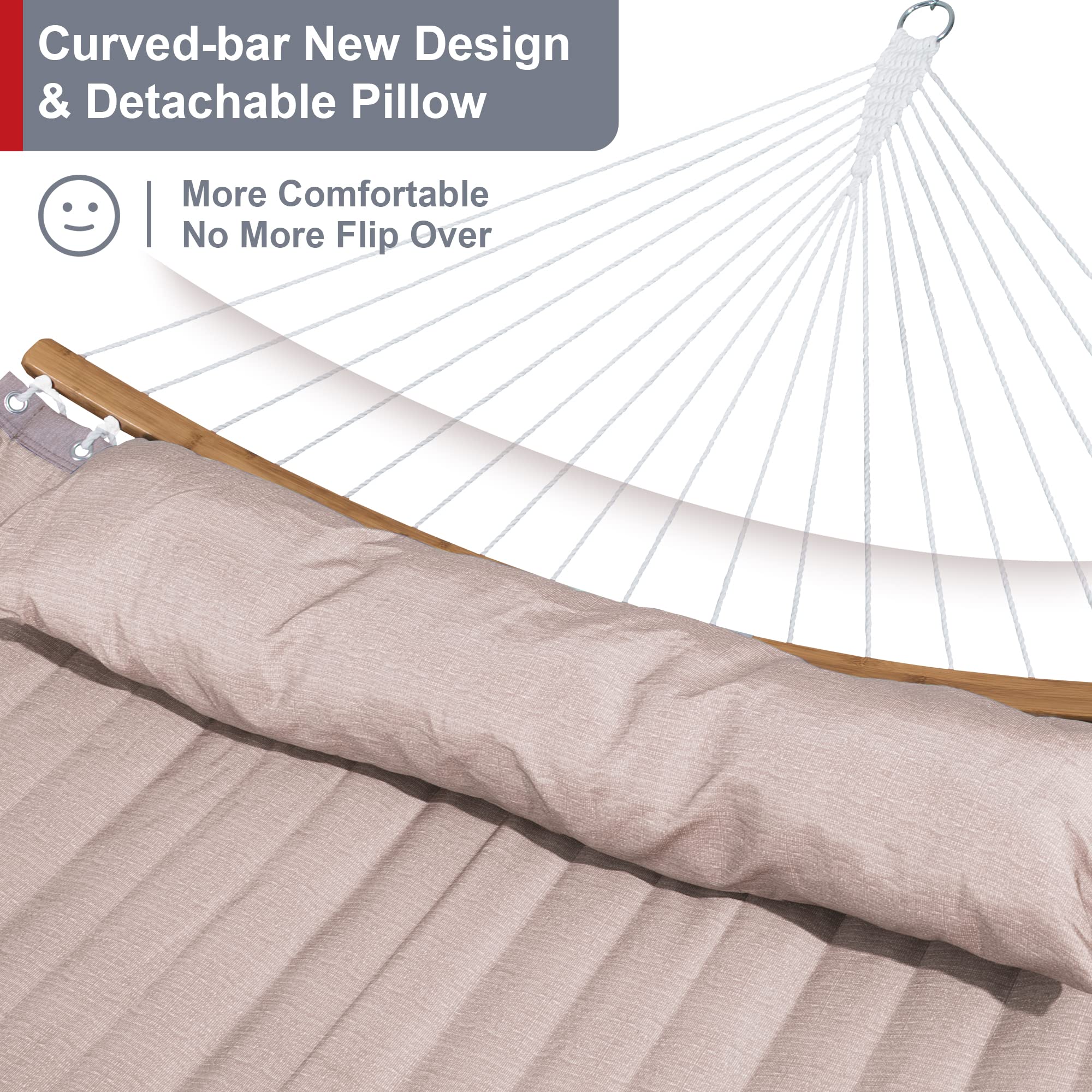 Double Hammock with 12 FT Stand - 2 Person Heavy Duty 450lbs Capacity Curved Bar Hammock Set Includes Pillow & Carrying Bag (Tan) - Perfect for Backyard, Patio, Camping & Outdoor Relaxation
