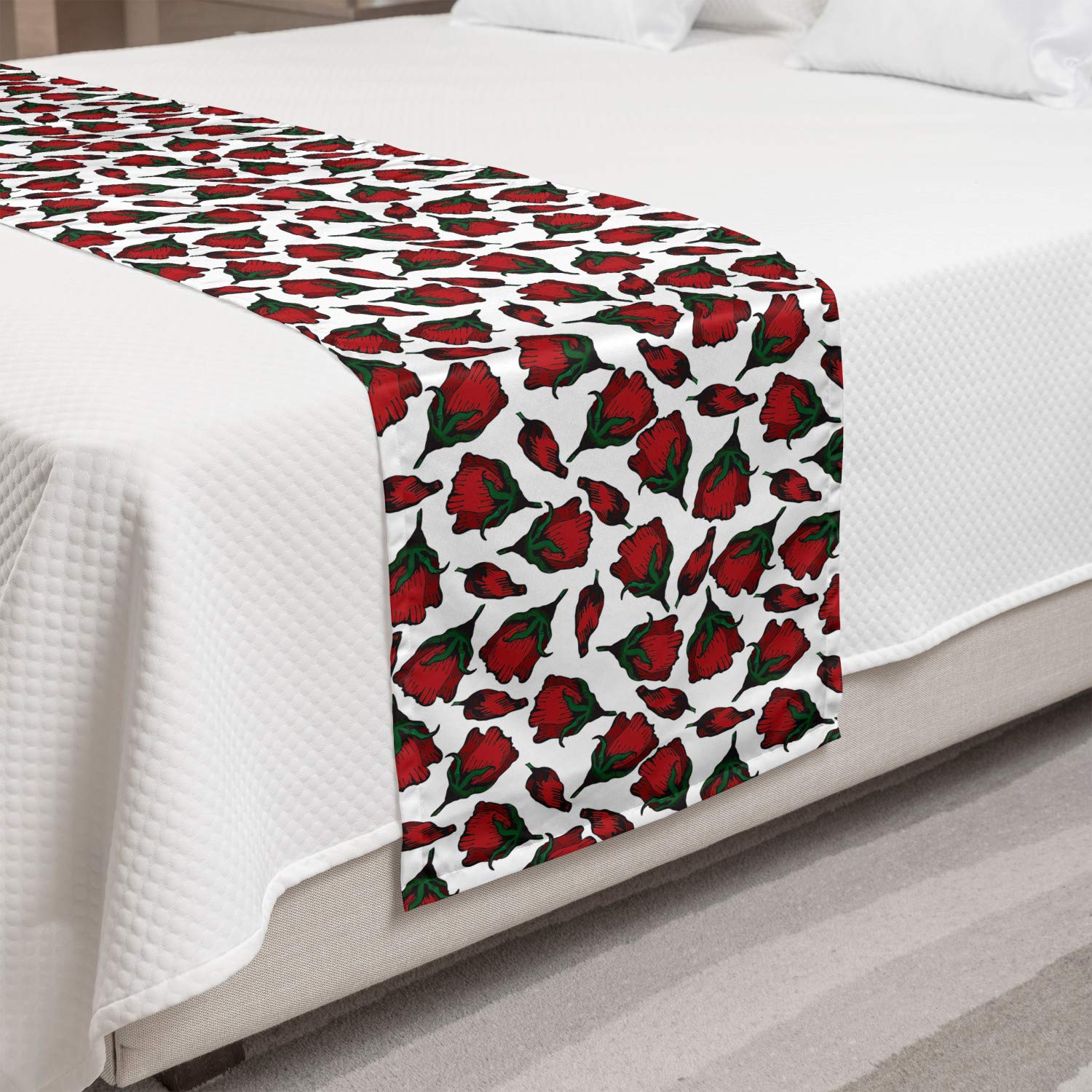 Ambesonne Roses Bed Runner - Floral Petals and Buds Print on Plain Backdrop, Valentine's Day Themed Decorative Bedding Scarf for Hotels, Homes & Guestrooms in Vermilion, Emerald & White | Perfect for Romantic Bedroom Decor, Wedding Accents & Luxury Hotel Styling