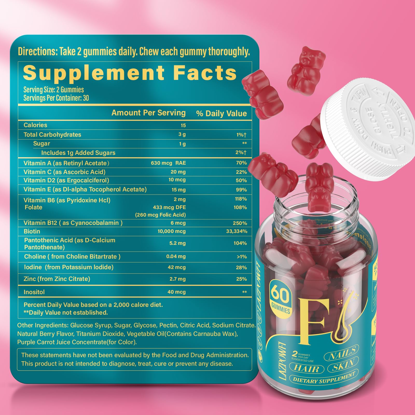 Biotin Gummies 10,000mcg for Hair Growth, Skin & Nails - Max Strength Vitamin B7 Supplement for Men & Women - 60 Count Cranberry Flavor Hair Vitamins - Perfect for Daily Beauty Routine & Healthy Hair Care