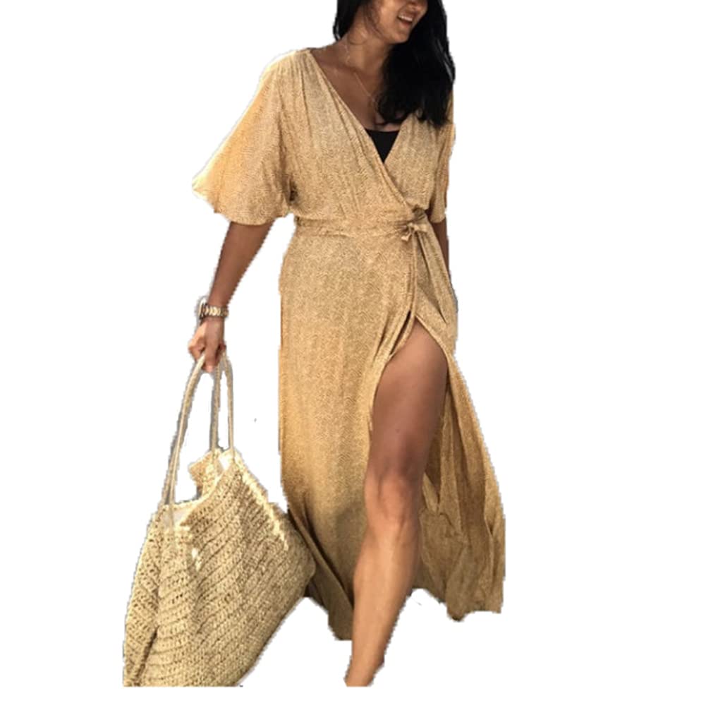 Plus Size Women's Sun Protection Beach Cover Up - Long Sleeve Cardigan Kaftan Dress with Corset Tie for Swimwear, Poolside & Summer Outings