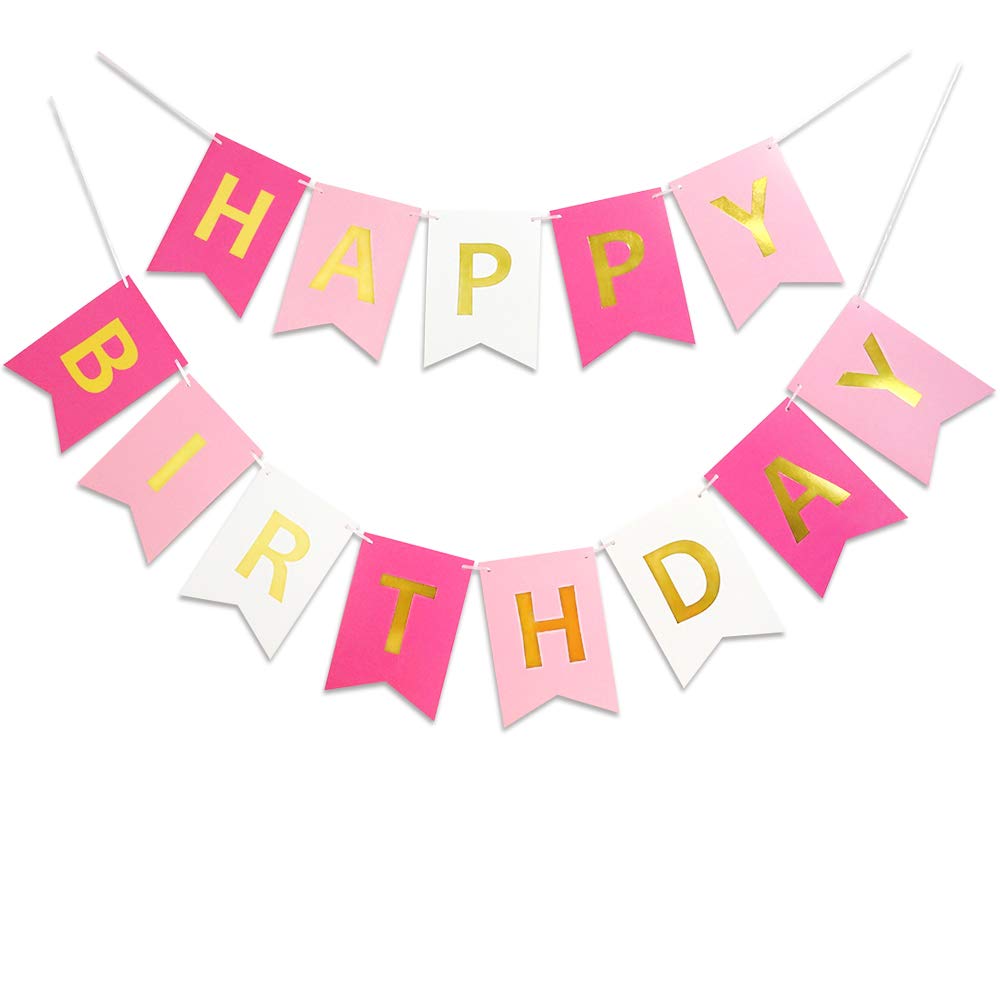 Rose Gold Sparkle Happy Birthday Banner - 13 Piece Pink Birthday Party Decorations for Girls, Nursery Hanging Signs with Golden Glitter | Perfect for Birthday Parties, Baby Showers & Room Decor