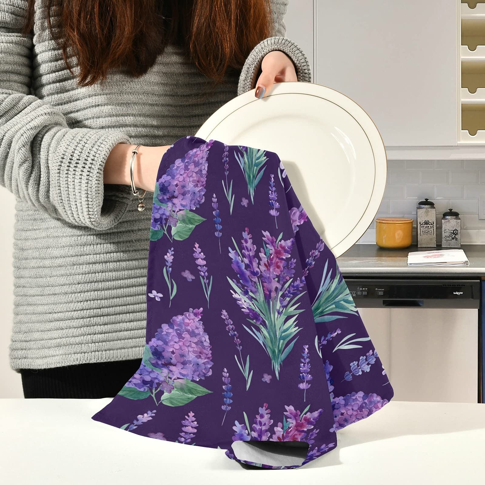ALAZA Lavender Flowers Purple Floral Kitchen Towels - Super Absorbent Dishcloths, Soft Hand Towels & Bar Towels (28x18 Inches) for Cooking, Cleaning & Home Decor