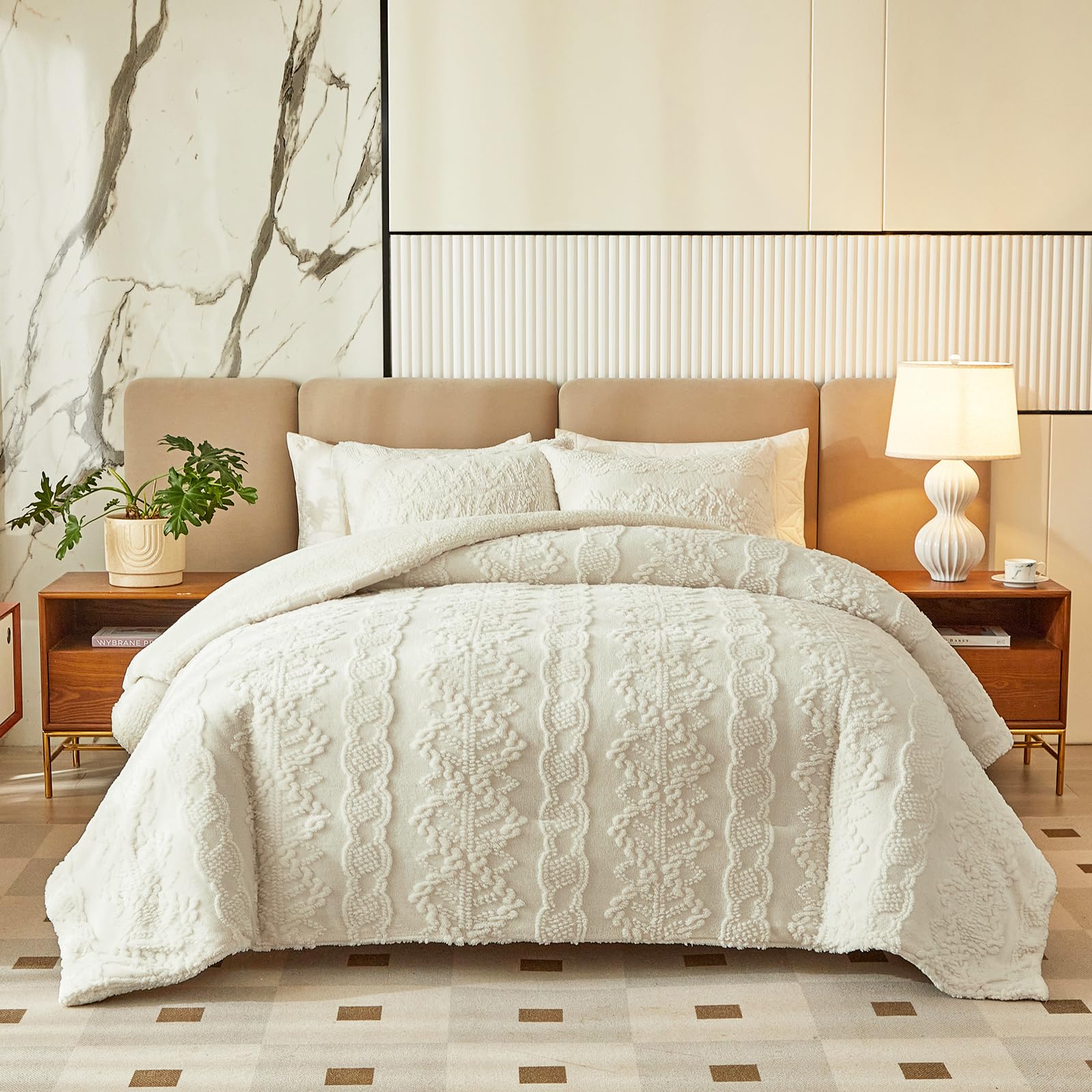 Luxury Flannel Fleece Sherpa Comforter Set Full/Queen Size - Jacquard Boho Stripes Down Alternative Bedding - Ultra Soft & Warm Winter Comforter with 2 Pillowcases (White) - Perfect for Cozy Nights, Guest Rooms & Cold Weather Comfort