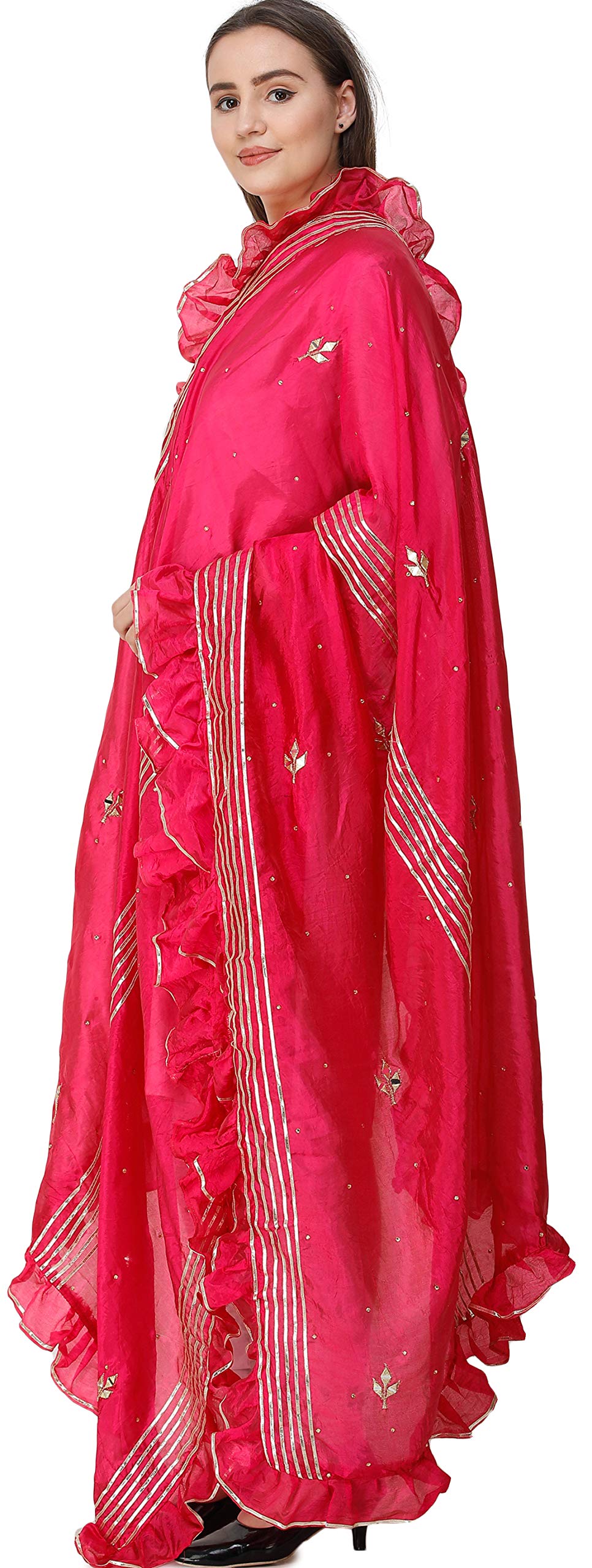 Exotic Indian Dupatta from Amritsar - Gota Patches & Frill Border Art Silk Scarf | Perfect for Weddings, Festivals & Ethnic Outfits