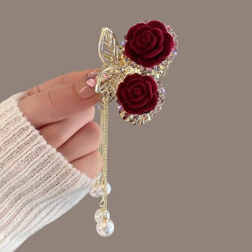 ZUBSHA Rose Cherry High Ponytail Mini Claw Clip for Women - Elegant Half-Up Hair Clip for Nape, Premium Shark Clip (Pack of 1) - Perfect for Work, Parties, and Everyday Hairstyles