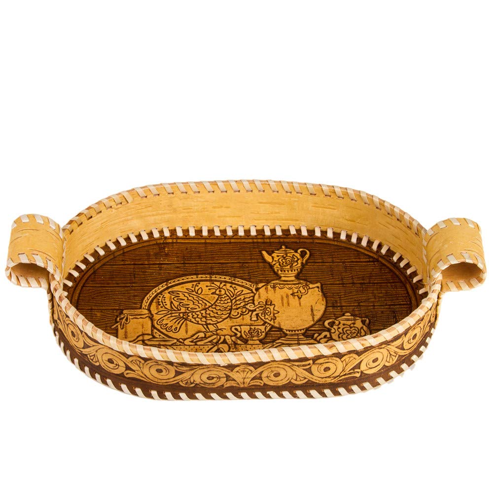 Elegant Samovar Design Wooden Bread Basket with Handles - 10.6x5.9x1.6 Inch Rustic Bread Tray for Serving, Storage & Display | Perfect for Dinner Parties, Brunch Buffets & Kitchen Organization