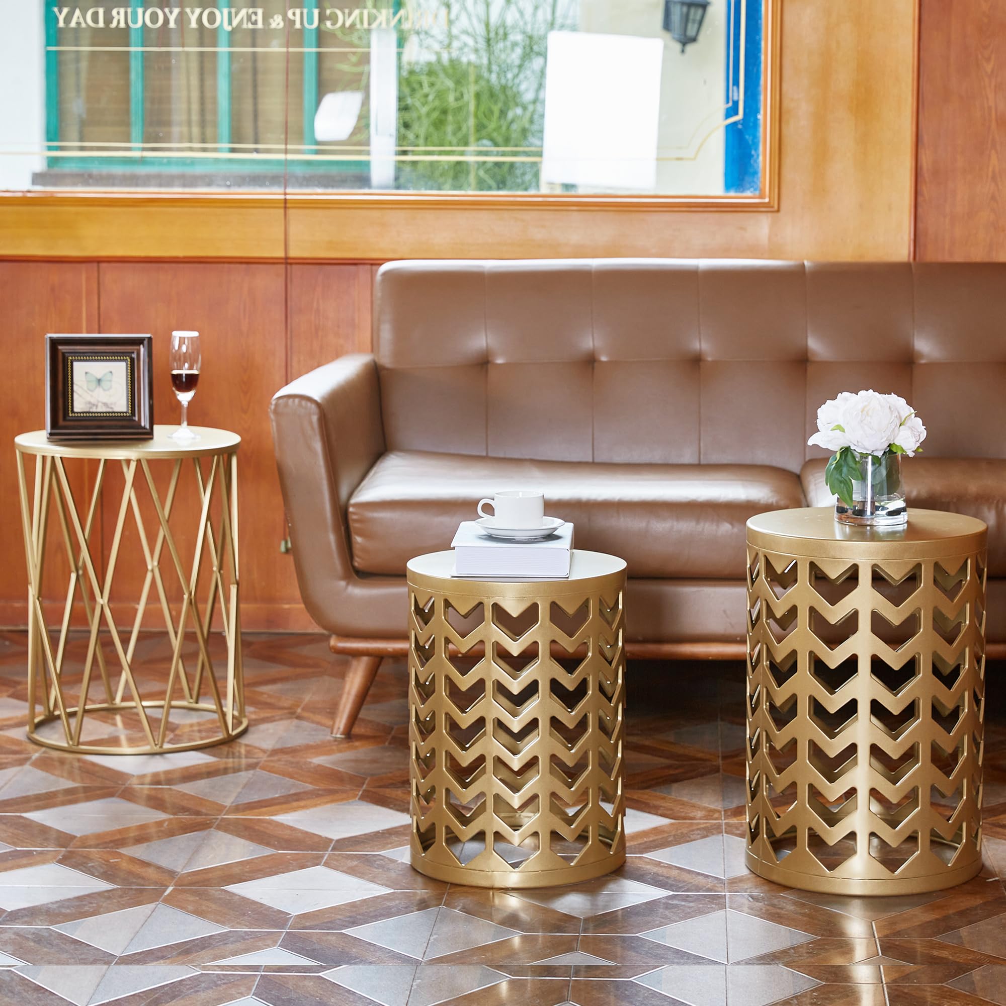 HFHOME Set of 3 Round Metal Nesting Tables - Side End Tables, Nightstand, Coffee Table for Living Room, Bedroom, Patio - Indoor & Outdoor Heavy Duty Metal Plant Stand, Garden Stool in Golden (Ship from US) | Perfect for Small Spaces, Coffee Table Sets, and Home Decor