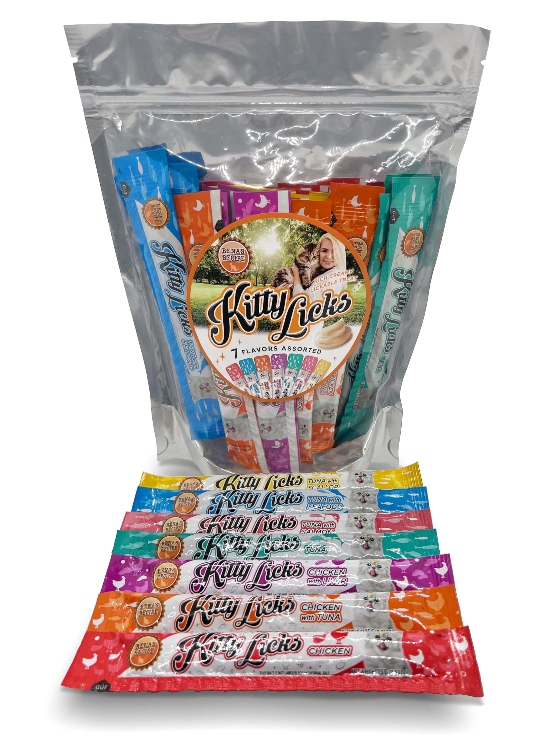 Rena's Recipe Kitty Licks Variety Pack - 28 Tubes with 7 Flavor Variations (Chicken, Tuna, Seafood) Cat Treats for Indoor & Outdoor Cats - Perfect for Training, Bonding & Rewarding Your Feline Friend
