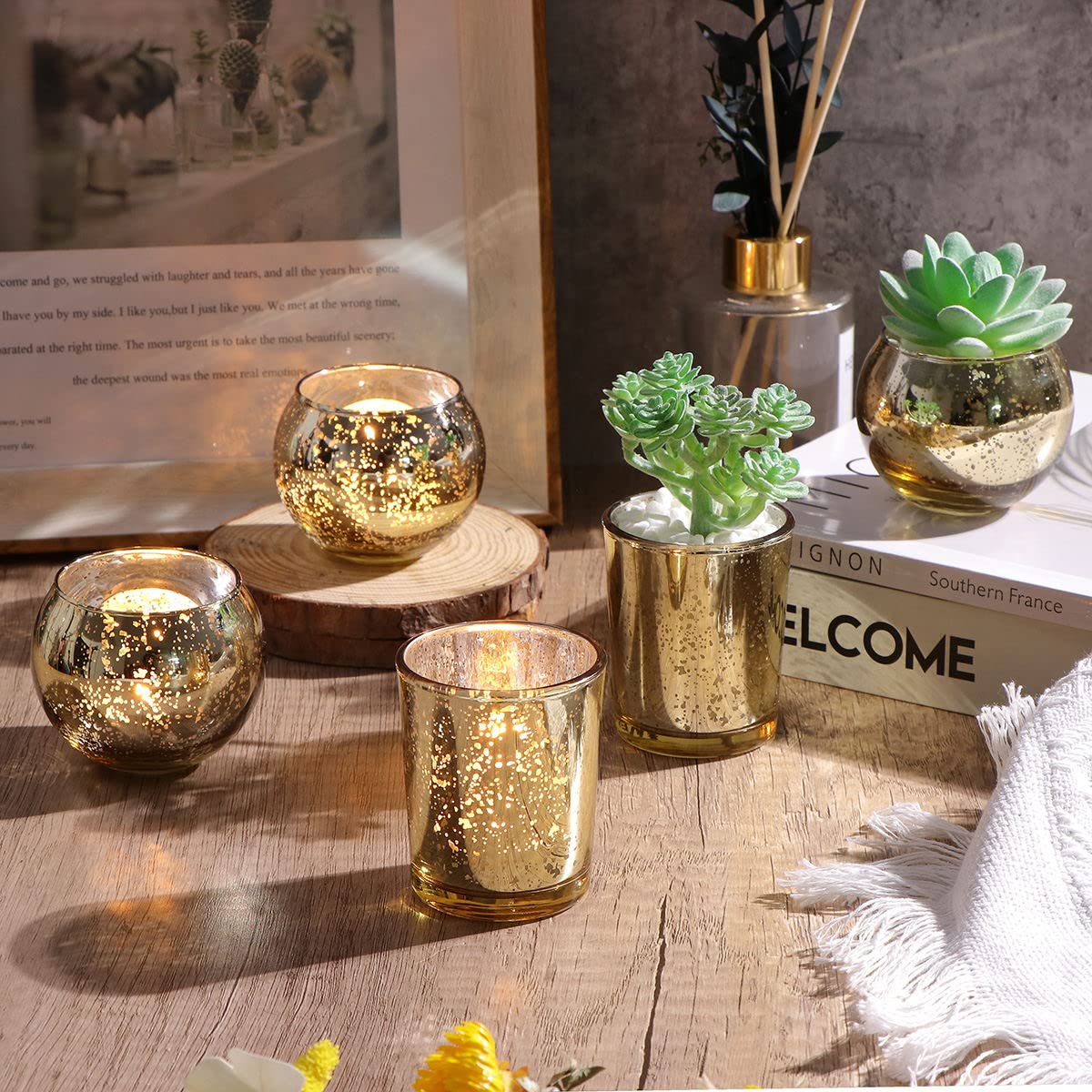 24-Piece Assorted Gold Votive Candle Holders Set - Mercury Glass Tea Light Holders for Diwali, Weddings & Bridal Showers - Elegant Table Centerpieces for Home Decor, Parties & Holiday Celebrations