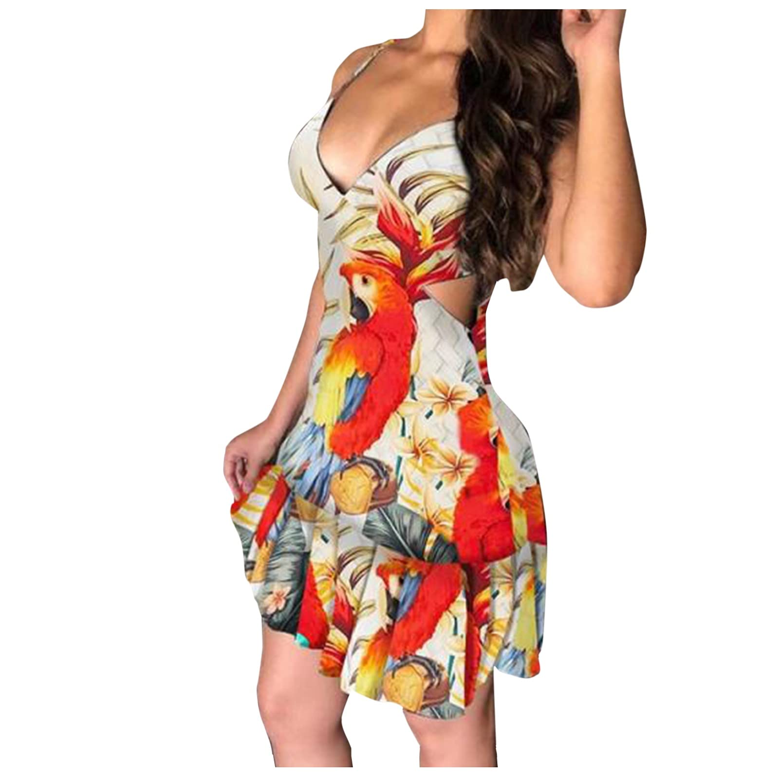 Women's Floral Print Sleeveless Ruffled Waist Dress - Black Short Summer Dress for Casual Outings, Beach Wear & Party Occasions