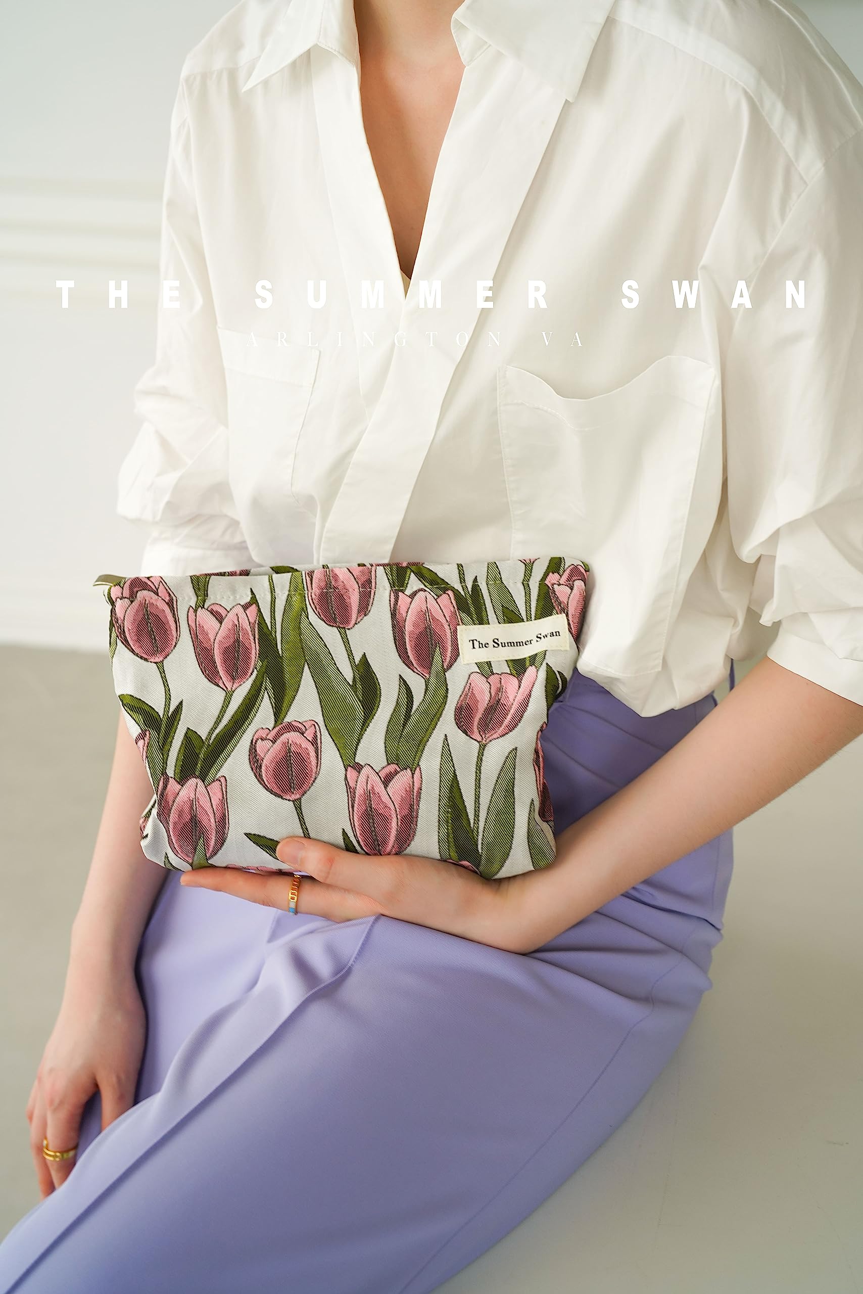 Large Aesthetic Makeup Bag Floral Mid-day Clutch | The Summer Swan Period Kit for Hygiene & Skincare | Cute Burgundy Tulip Design | Perfect for Travel, Gym & Daily Essentials Organization