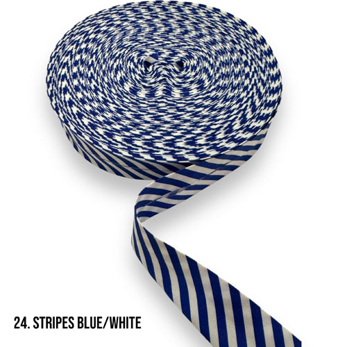 Blue and White Stripe Bias Binding Tape - 25mm (1 Inch) Width for Sewing, Quilting, and DIY Craft Projects