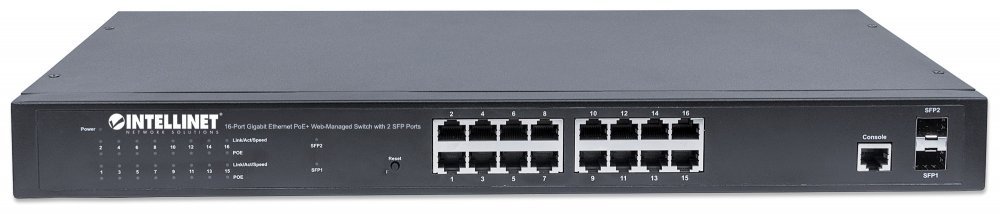 Intellinet 16 Port Gigabit Managed PoE Switch with 220W Power Budget - 2 SFP Slots, Self-Healing, IPv4/IPv6 Support, 19