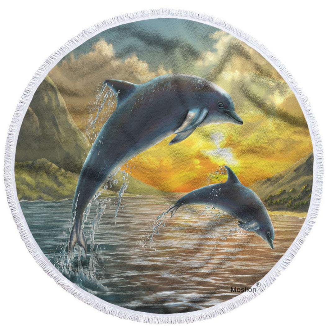 Moslion Dolphin Round Beach Towels - Oversized 63 Inch Microfiber Beach Towel with Beautiful Sunset Digital Painting, Jumping Dolphins and Ocean Waves - Soft Polyester-Microfiber for Beach, Pool, Picnic and Outdoor Activities