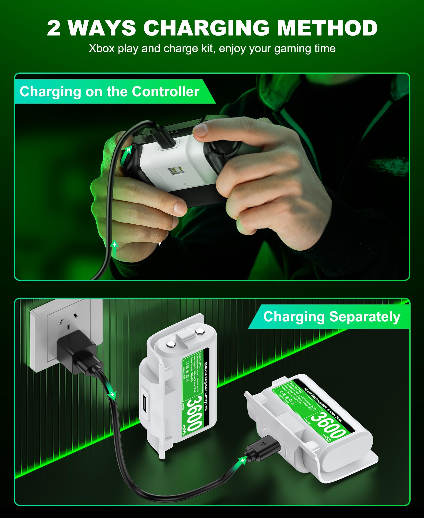 EXTREMECOOL Rechargeable Xbox Controller Battery Pack - Compatible with Xbox Series X|S, Xbox One S|X & Elite Controllers | Includes 2x 3600mWh X-1 Batteries, 4x Battery Covers & Charging Cable (White) | Perfect for Gaming Sessions & Wireless Play