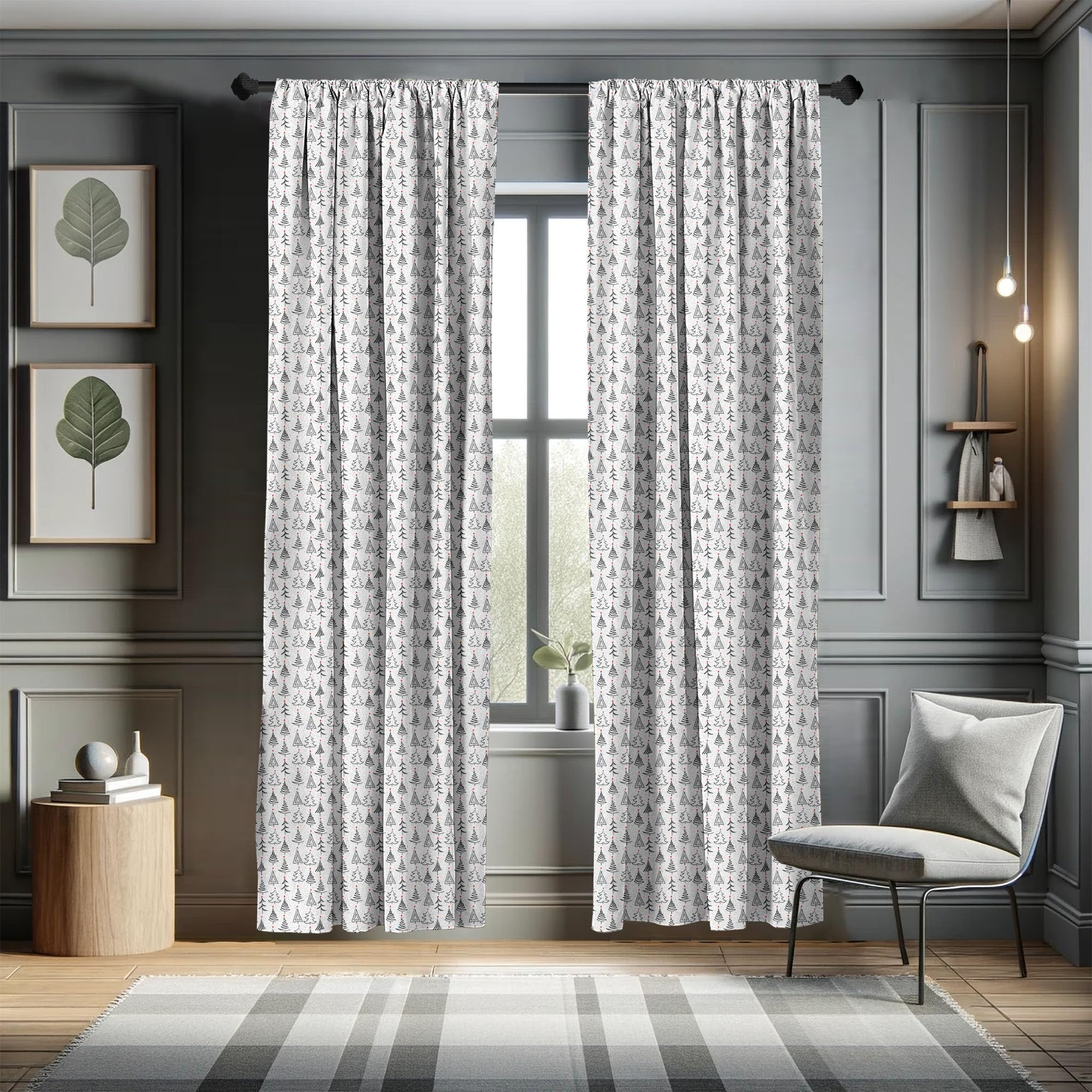 Ambesonne Christmas Tree Window Curtains - Black Grey Red Doodle Sketch Style with Stars, Lightweight 2-Panel Set (28x95 inches) for Living Room, Bedroom & Holiday Decor | Rod Pocket Design