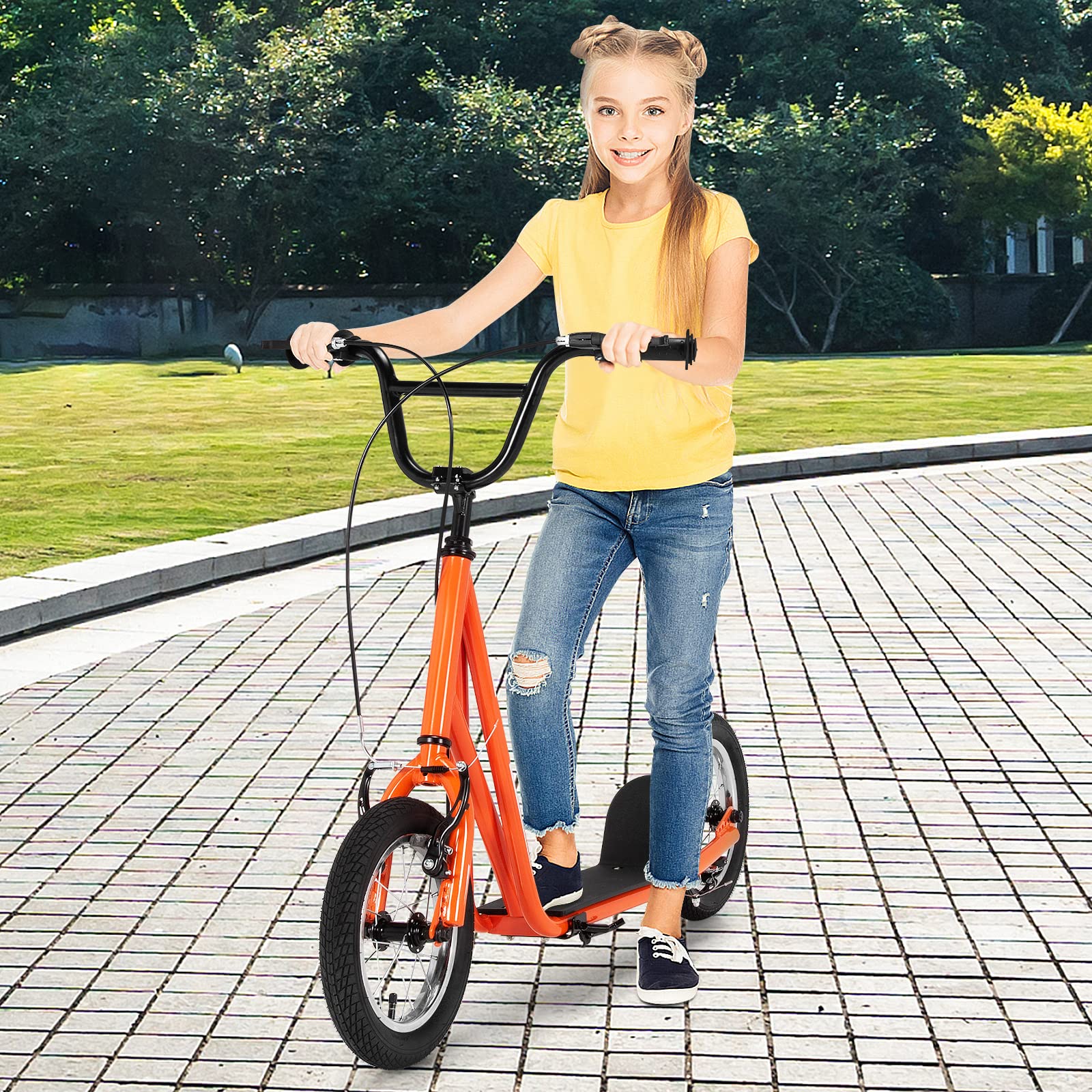 Goplus Youth Kick Scooter for Kids & Adults - 12-Inch Air Filled Wheels, Carbon Steel Frame, Adjustable Handlebar, Front & Rear Dual Brakes - Perfect Ride On Toy for Teens 8+ Years Old - Great for Commuting, School, Park & Outdoor Fun