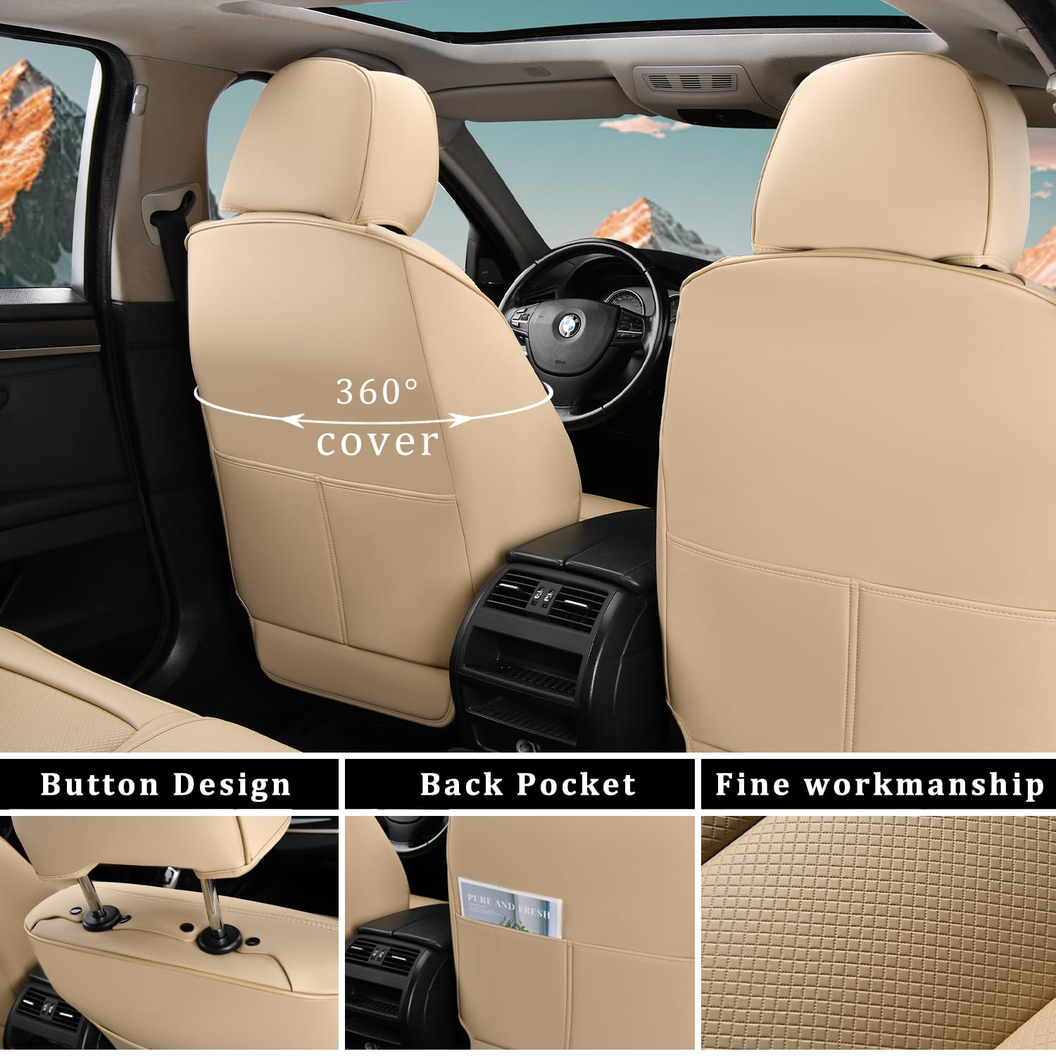 Premium Waterproof Leather Front Seat Covers (2-Piece Set) - Luxury Leatherette Car Seat Protectors for Sedan, SUV & Pickup Trucks - Beige Color - Perfect for Daily Commute, Road Trips & Pet Protection