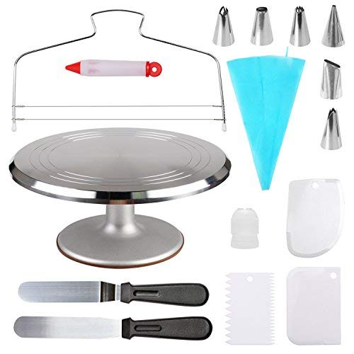 12.7'' Aluminum Alloy Revolving Cake Turntable Stand with Angled Icing Spatula, Cake Leveler, Comb & Smoother - Professional Baking Supplies for Cake Decorating, Wedding, Birthday & Party Desserts (ZC011)