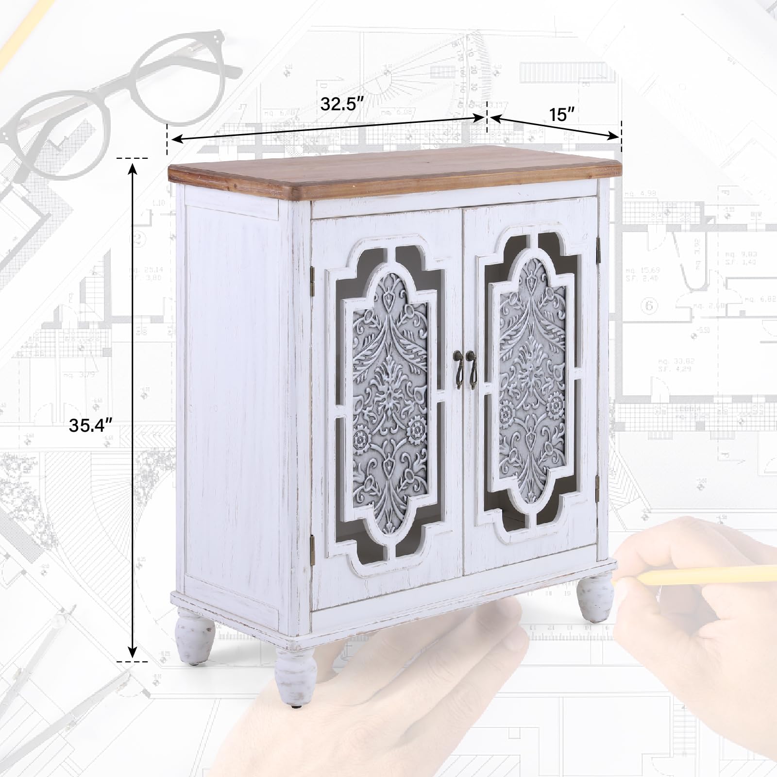 MAISON ARTS Farmhouse Accent Cabinet with 2 Doors - Solid Wood Storage Cabinet with Metal Embossing Pattern for Living Room, Entryway, Bedroom - Rustic Sideboard Buffet Cabinet for Home Decor & Organization