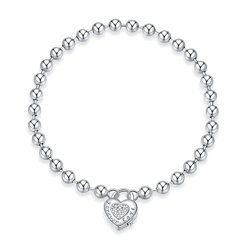 AOFFLY S925 Sterling Silver Heart Charm Bracelet for Women - Elegant Ball & Zircon Bracelet, Perfect Valentine's Day Gift for Her - Ideal for Date Nights, Anniversaries, and Special Occasions