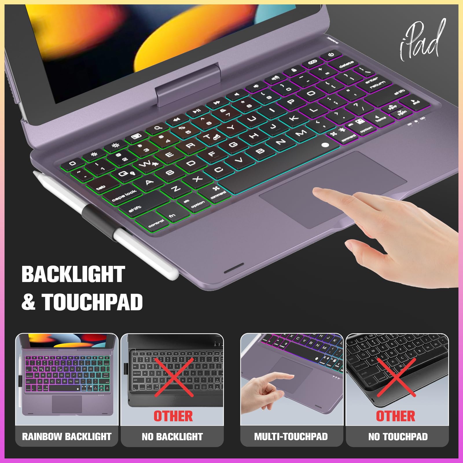 NOKBABO iPad 9th Generation Case with Keyboard - 360° Rotatable Touchpad, 7-Color Backlight & Pencil Holder - Compatible with iPad 9th/8th/7th Gen 10.2