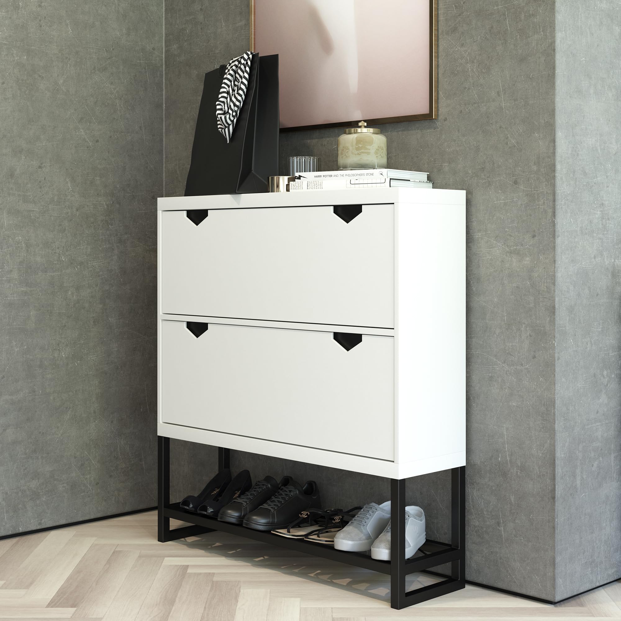 CosmoLiving by Cosmopolitan Brielle White Entryway Shoe Storage Cabinet - Organize Shoes, Boots & Accessories for Hallway, Mudroom & Closet