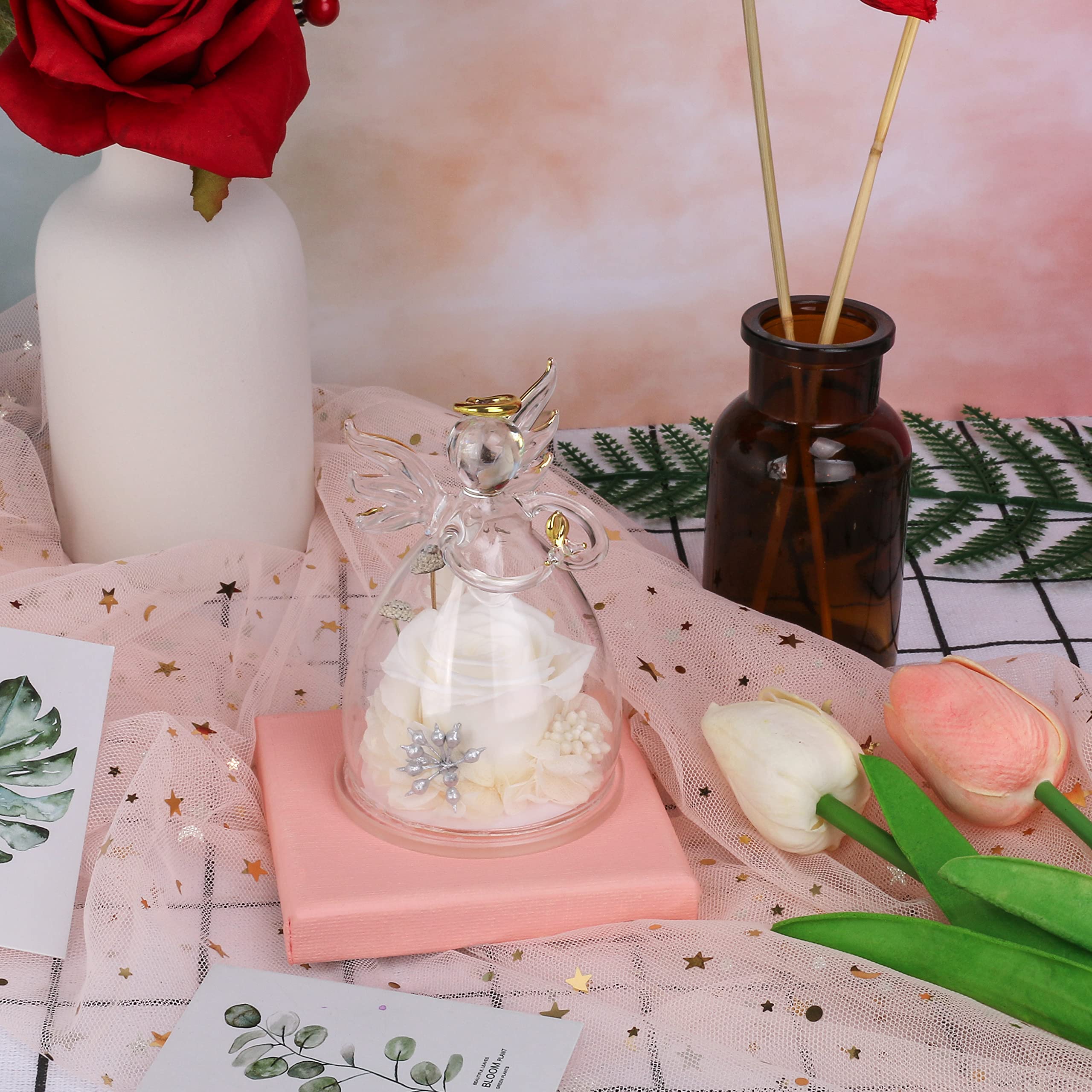 Eternal Preserved Rose in Glass Angel Figurine - Perfect Mother's Day Gift, Birthday Present for Women, Romantic Gift for Wife, Grandma & Loved Ones | Elegant Home Decor, Wedding Centerpiece, Anniversary Keepsake
