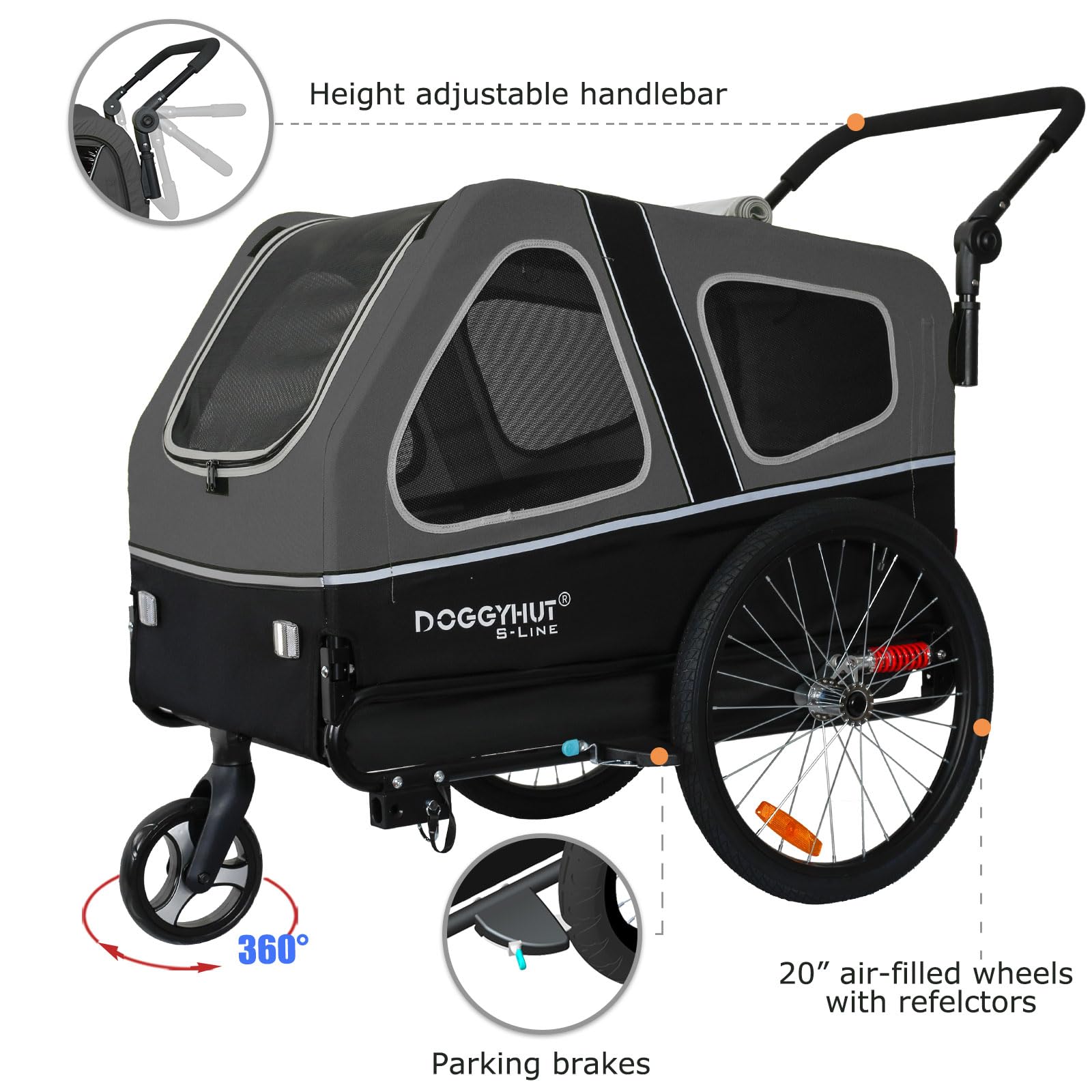DOGGYHUT® S-Line XL Pet Bike Trailer & Stroller for Large Dogs Up to 100 lbs - Foldable Dog Carrier with Suspension Wheels, Low Center Gravity & Parking Brakes | Perfect for Cycling, Jogging & Outdoor Adventures with Your Dog