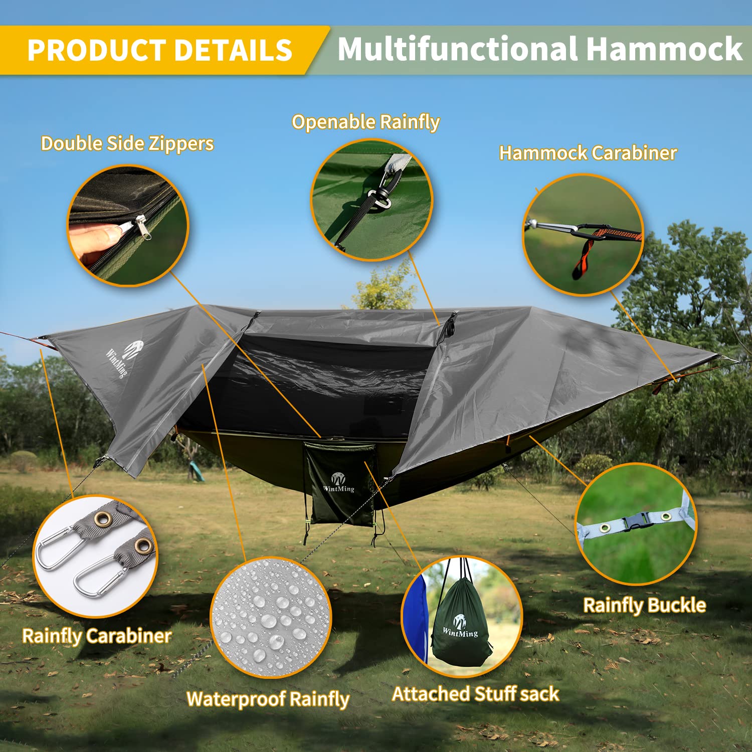 Portable Lightweight 230T Nylon Camping Hammock with Removable Mosquito Net & Rain Fly Cover - Outdoor Hiking Backpacking Travel Gear for Camping, Beach, Backyard (Grey)