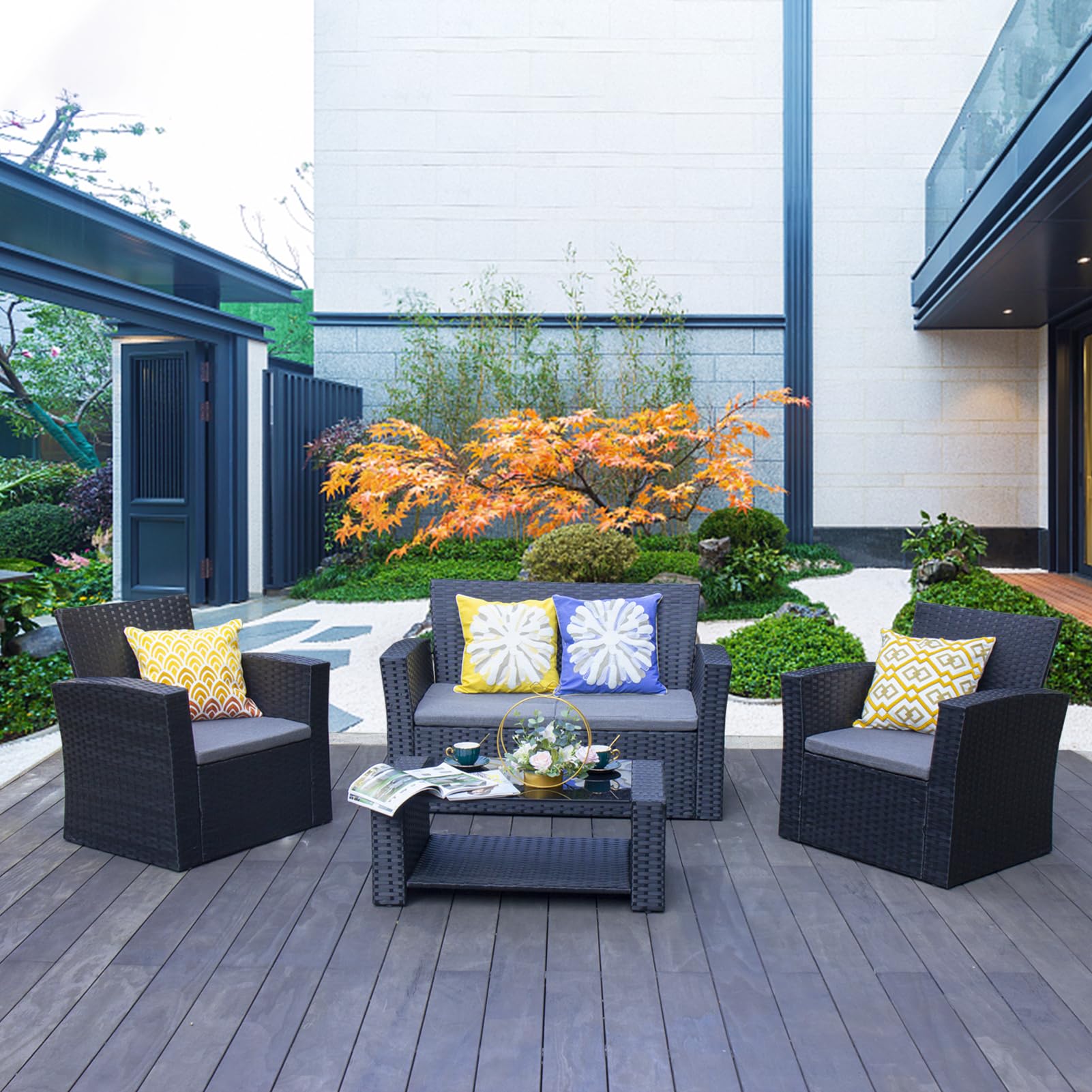 4-Piece Outdoor Patio Furniture Set - PE Rattan Wicker Garden Chairs with Cushions, Black - Perfect for Backyard, Poolside & Terrace Relaxation