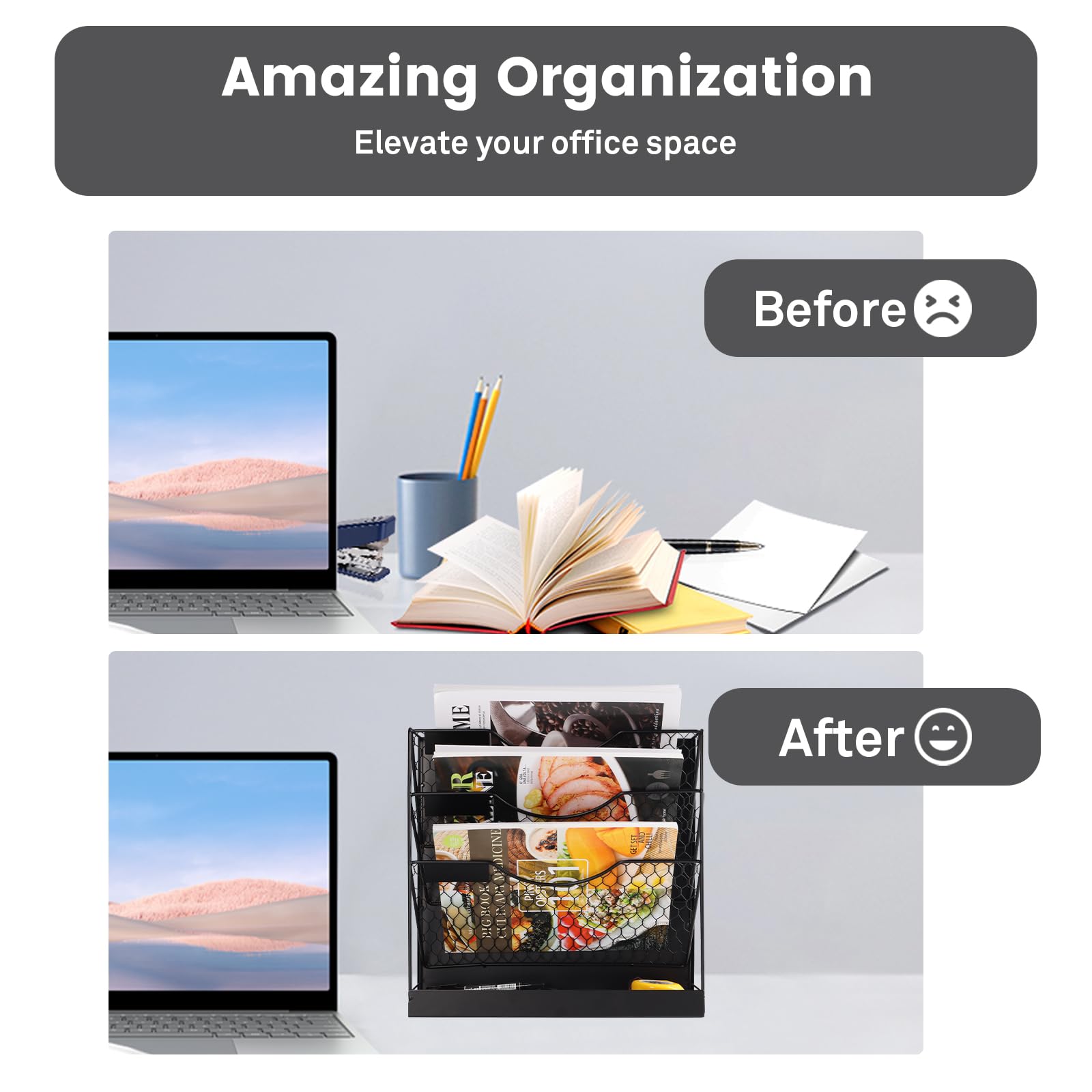 WOMACO 4-Tier Magnetic File Organizer - Large Heavy Duty File Folder Holder for File Cabinet, Wall Mount Paper Mail Organizer for Home & Office - Perfect for Whiteboards, Desks & Workspaces (Black)