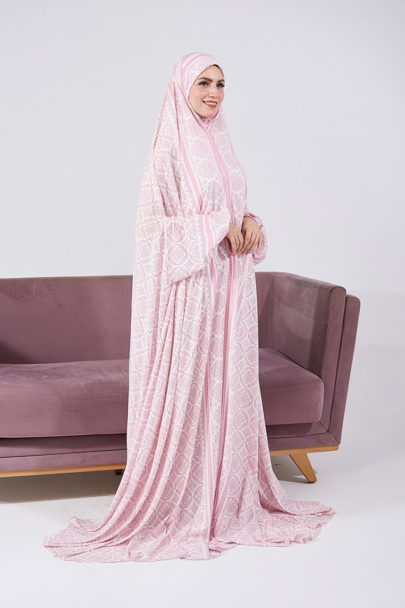 Aaliyah Blush Satin Prayer Gown with Intricate Floral Embroidery - Elegant Islamic Prayer Dress for Women, Modest Nightgown & Special Occasion Wear