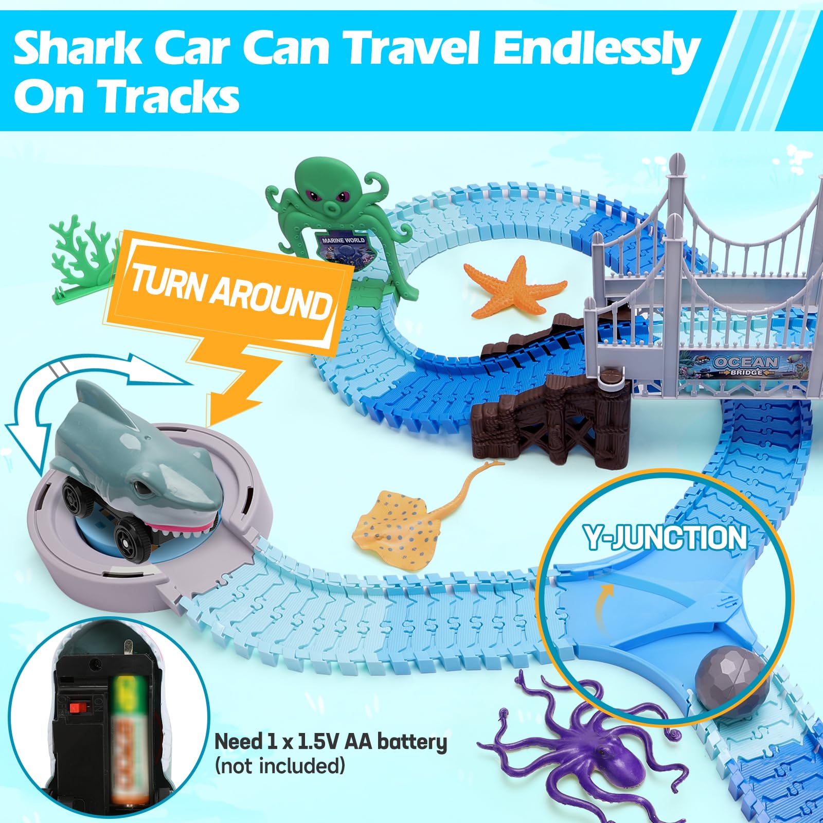 VATOS 183-Piece Shark Race Car Track Set - Flexible Bendable Racetrack with Shark & Ball Toys - STEM Educational Ocean Theme Playset for Boys & Girls Ages 3-9 - Perfect Birthday Gift for Kids Who Love Racing & Marine Adventures