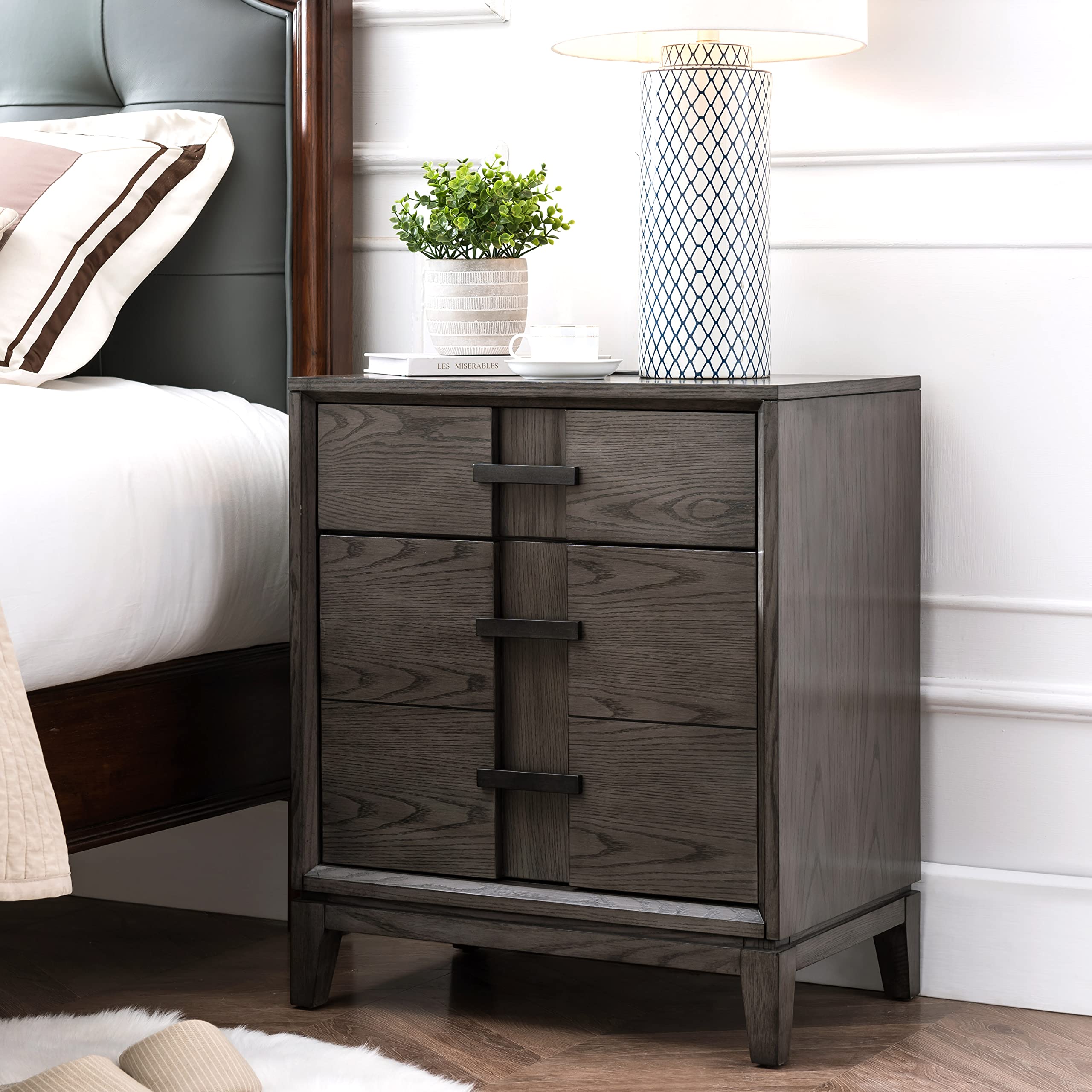 Leick Home 9075 Modern Nightstand with USB-C Fast Charging | 1-Drawer Side Table with Integrated AC/USB Ports | Durable Gray Oak Finish for Bedroom, Living Room & Office Use